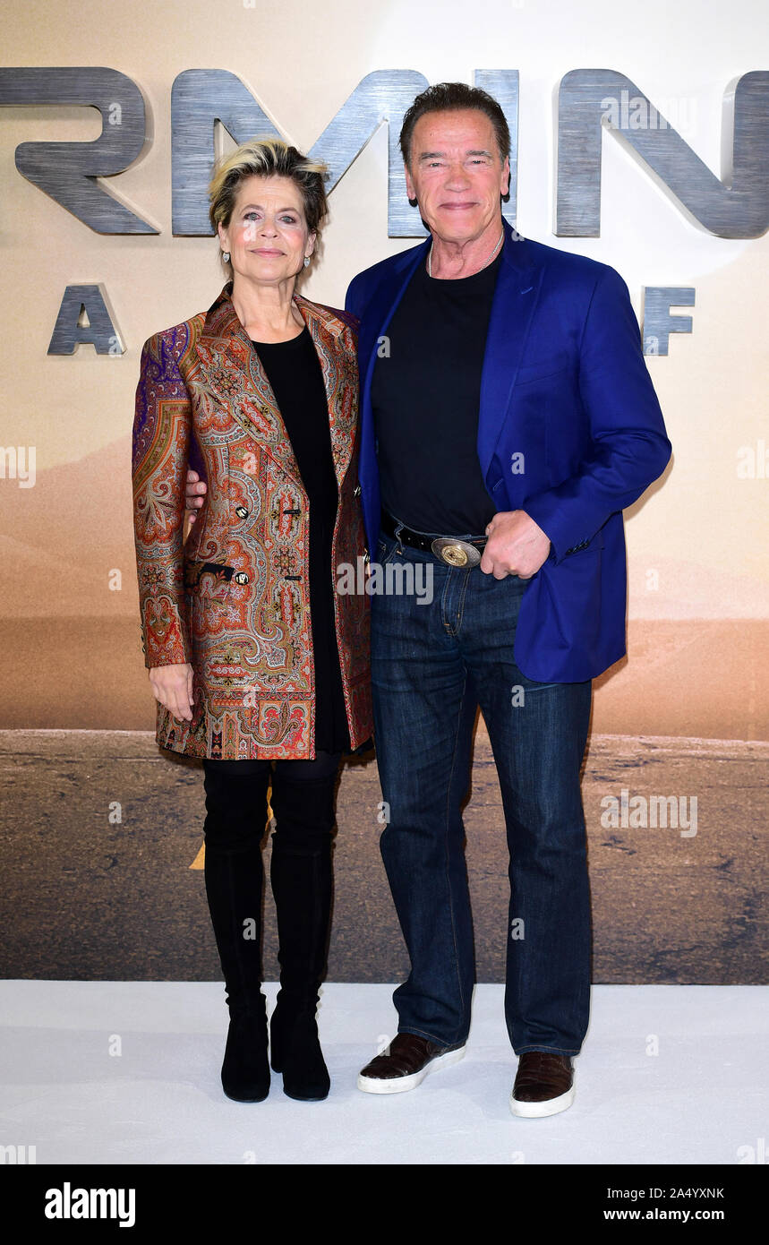 Linda Hamilton and Arnold Schwarzenegger arriving for the Terminator: Dark Fate photocall held at the Mandarin Oriental Hotel, London. Stock Photo
