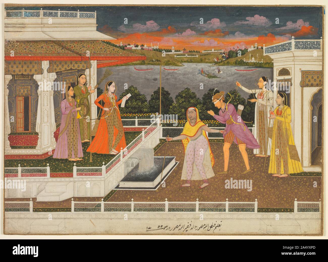 A blindfolded suitor is brought before a princess, 1755. In a scene set on a carpeted terrace in the women&#x2019;s palace quarters, an older woman of the harem drags a young prince with a white blindfold over his eyes before a princess grasping a document. Such a scene evokes a literary allusion of a princess who selects her suitor, but it also resonates with circumstances at the Mughal court. Signed and dated by the artist, this painting was completed at a time when powerful women wielded control over the emperor, and Ahmad Shah Bahadur (reigned 1748-54), son and successor of Muhammad Shah, Stock Photo