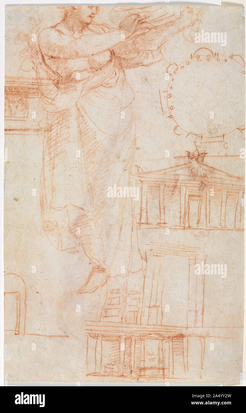 A Draped Female Figure (possibly an Amazon) and Architectural Studies (verso), c. 1525. This chalk drawing presents quick sketches of classical-style architecture and a woman with a quiver of arrows on her back; she may be an Amazon, one of a race of warrior women skilled in archery, or Diana, goddess of the hunt. Stock Photo