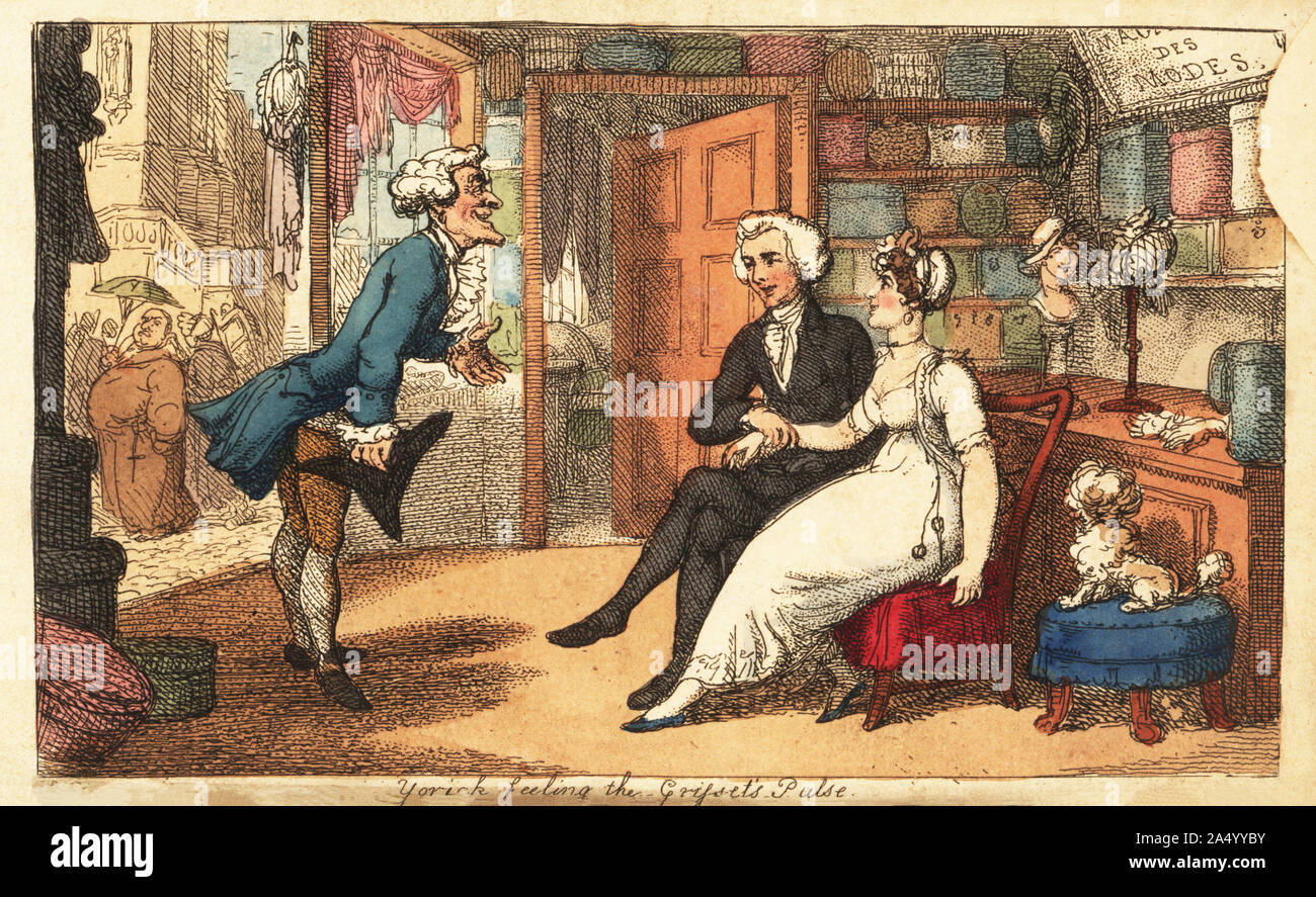 Regency gentleman flirting with a pretty shopgirl in a Paris boutique, Magasin des Modes. The shop sells gloves and hats. Yorick feeling the Grissette’s pulse. Handcoloured copperplate engraving by Thomas Rowlandson after an illustration by Richard Newton from The Beauties of Sterne, Thomas Tegg, London, 1809. Stock Photo