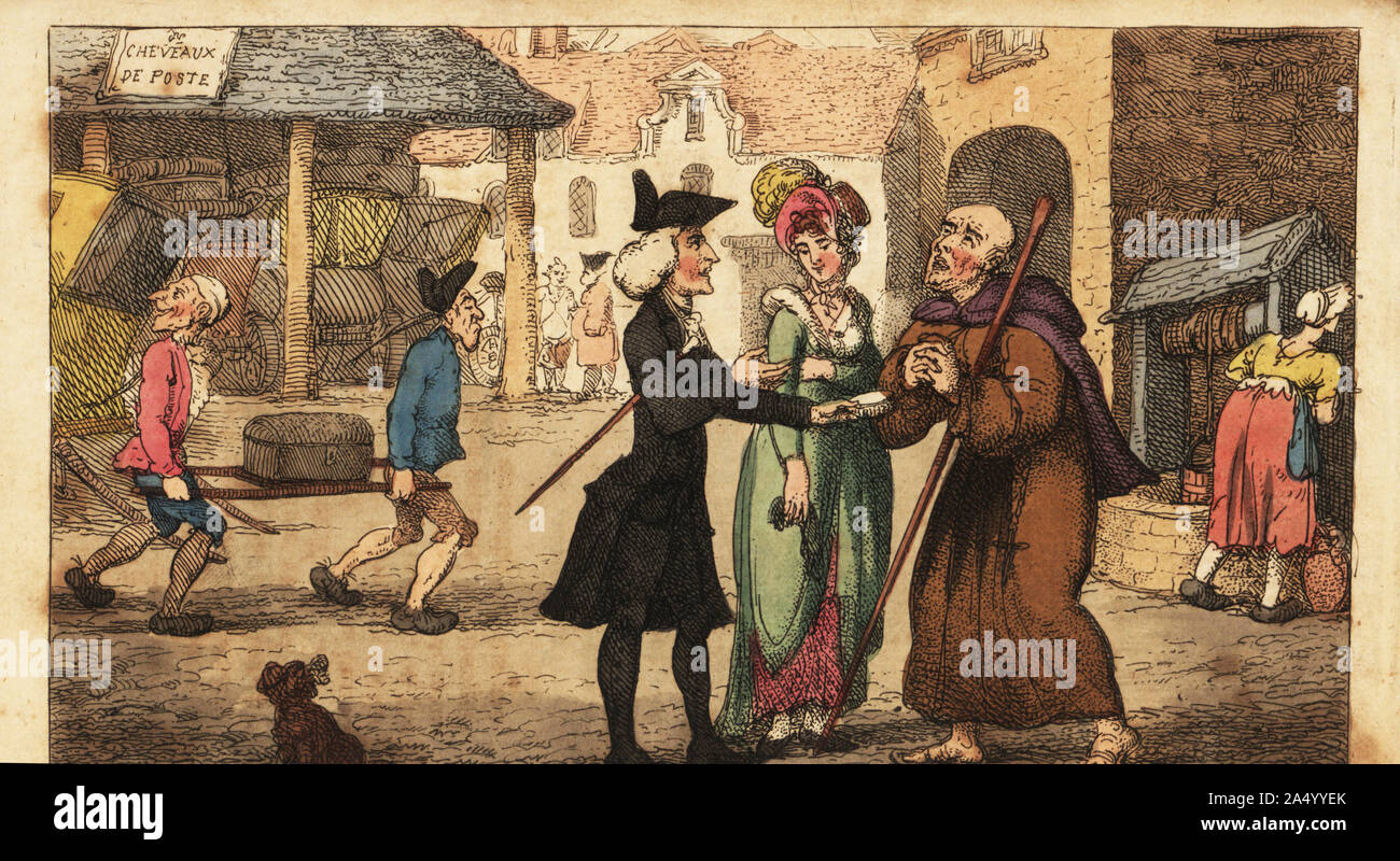 English parson exchanging snuff boxes with a monk in Calais. Two porters carry a trunk, and a woman gets a bucket of water from a well. Yorick and Father Lorenzo. Handcoloured copperplate engraving by Thomas Rowlandson from Laurence Sterne’s A Sentimental Journey through France and Italy, Thomas Tegg, London, 1809. Stock Photo