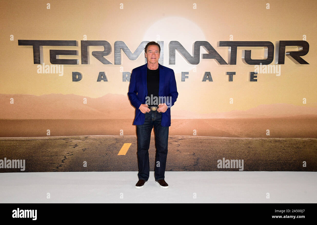 Arnold Schwarzenegger arriving for the Terminator: Dark Fate photocall held at the Mandarin Oriental Hotel, London. Stock Photo