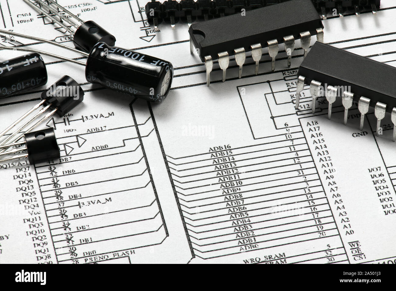 closeup of electronic components, unit, part, circuit diagram, computer equipment and digital microchip - DIY kit for learning, training and developme Stock Photo