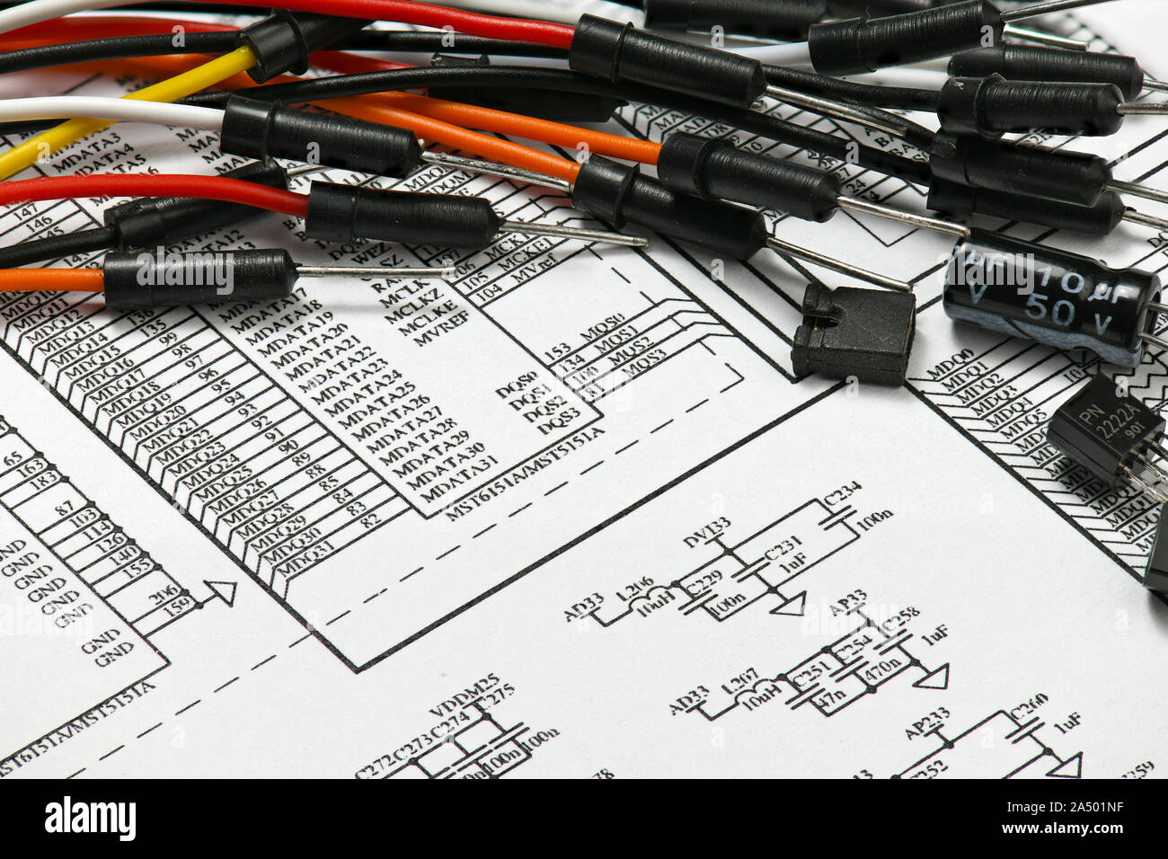 closeup of wires on circuit diagram - DIY kit for learning, training and development of electric circuits Stock Photo