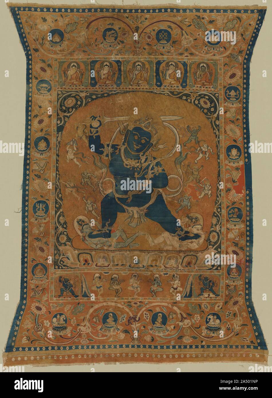 Achala, King of the Wrathful Ones (previously identified as Vighnantaka), early 1200s. Close ties between the Buddhists of the Central Asian Tangut Xia kingdom and Tibetan monasteries resulted in works of devotional art, such as this tangka, featuring a remover of obstacles. The imagery has its roots in Nepal, where Vighnantaka was summoned by a powerful practitioner to defeat the Hindu god Ganesha, who was disturbing the proper performance of a tantric Buddhist ritual. For this reason, Ganesha and his father Shiva are being trampled under the feet of Vighnantaka. Vighnantaka is an emanation o Stock Photo