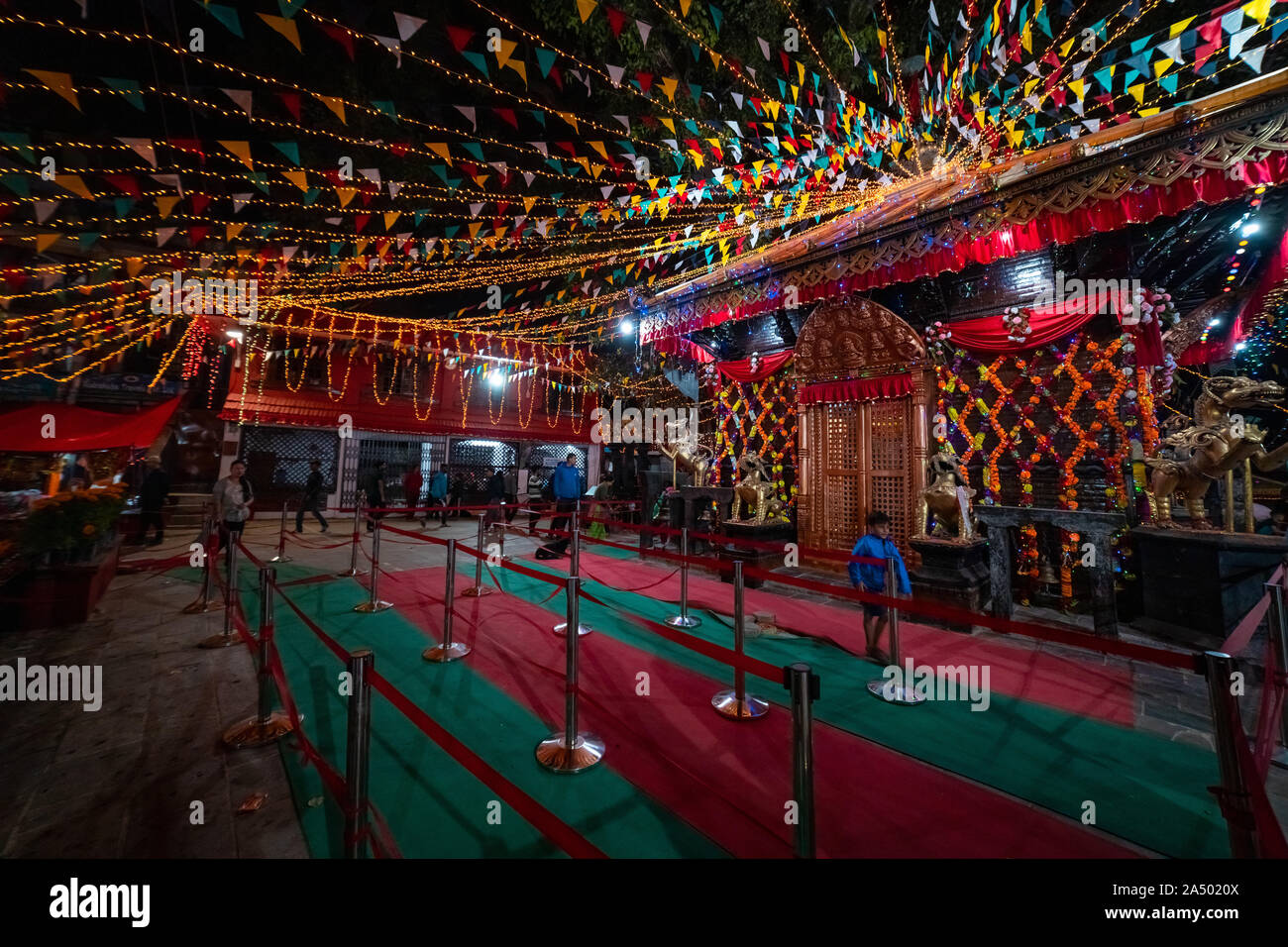 Kathmandu, Nepal - October 2 2019: Hindu Temple decorated with lights for Diwali Festival Stock Photo