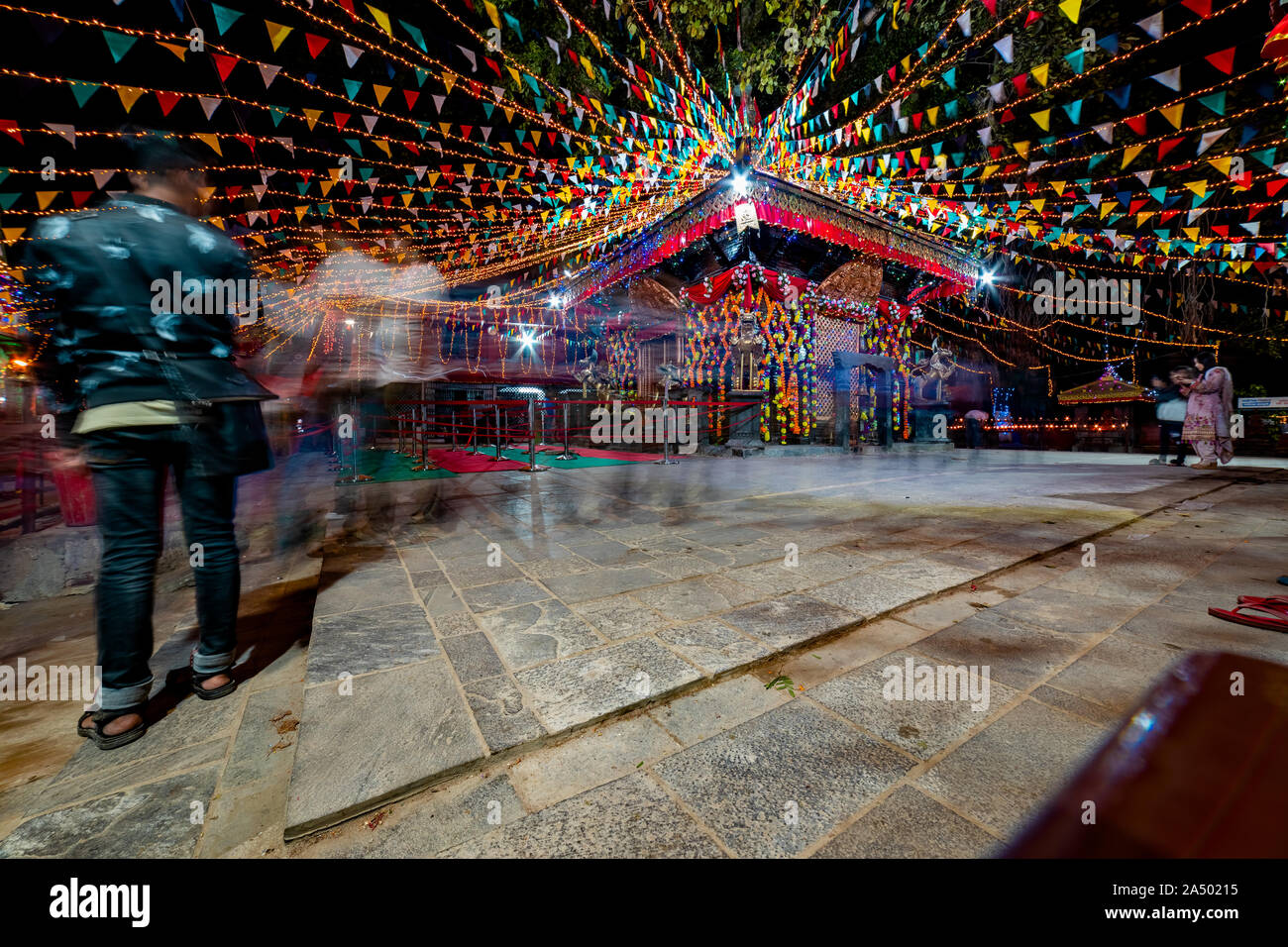 Kathmandu, Nepal - October 2 2019: Hindu Temple decorated with lights for Diwali Festival Stock Photo
