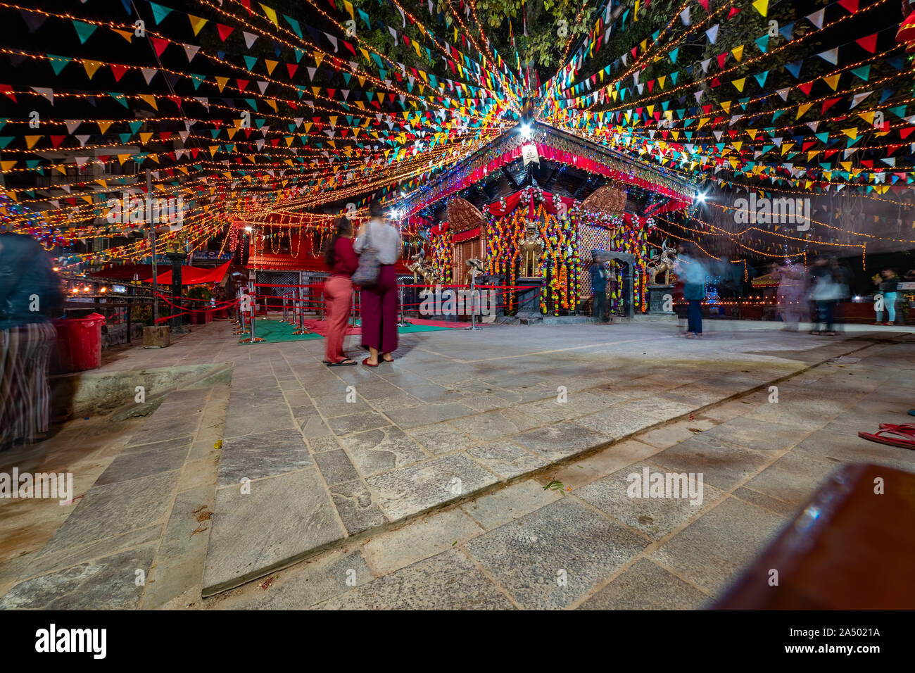 Kathmandu, Nepal - October 2 2019: Hindu Temple decorated with lights for Diwali Festival Stock Photo