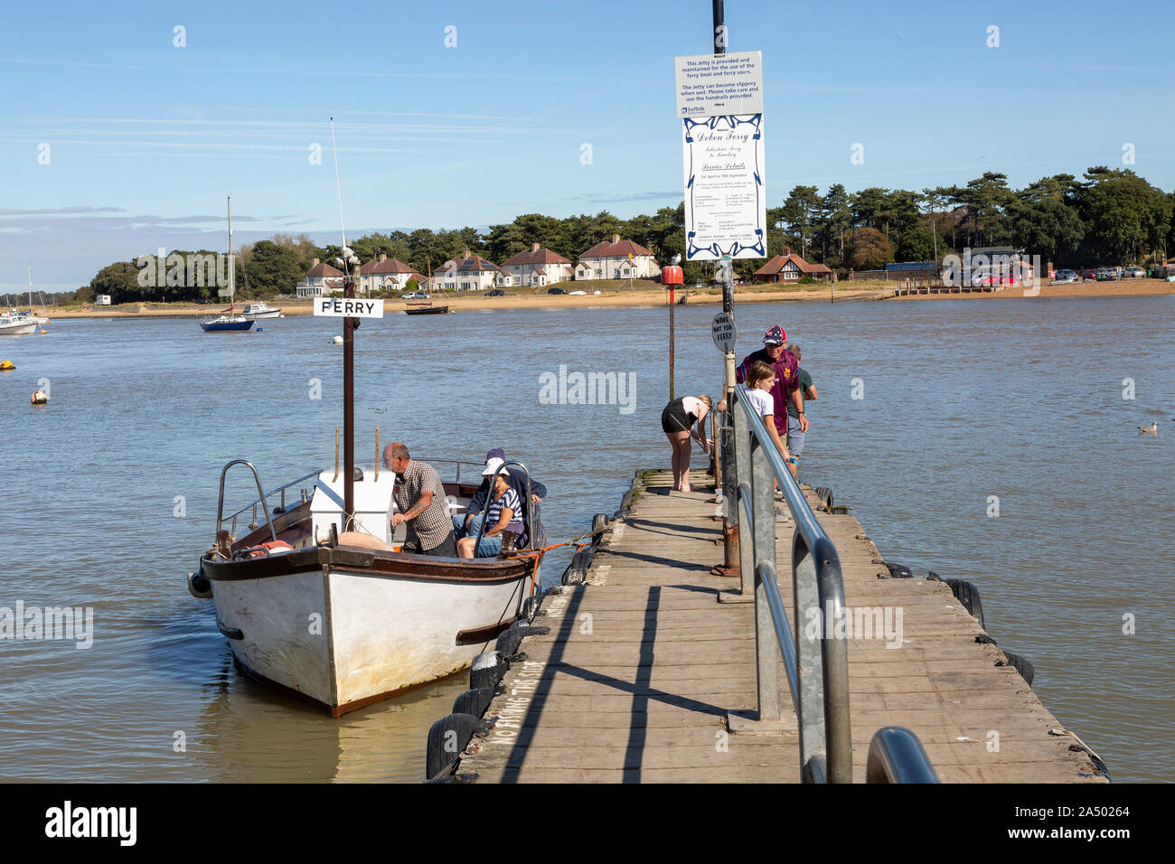 River Deben foot passenger ferry at Felixstowe Ferry, Suffolk, England, UK - Bawdsey Quay opposite Stock Photo