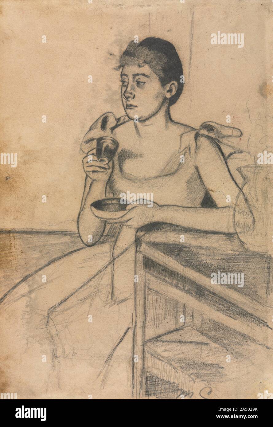 After-Dinner Coffee (recto), c. 1889. Cassatt exhibited prints for the first time in 1880 at the fifth Impressionist exhibition. As the decade progressed, she continued to show her graphic work alongside pastels and paintings. In the spring of 1890, at the Deuxi&#xe8;me Exposition de Peintres-Graveurs, she showed a group of drypoints, remarkable in their delicacy and precision, as well as a group of prints made with a combination of aquatint and softground etching that appeared quickly drawn and spontaneous. After-Dinner Coffee is a study for a softground etching with aquatint. Stock Photo