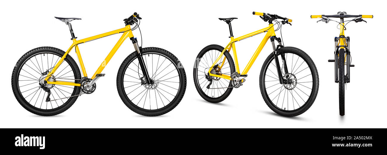 set collection of yellow black 29er mountainbike with thick offroad tyres. bicycle mtb cross country aluminum, cycling sport transport concept isolate Stock Photo