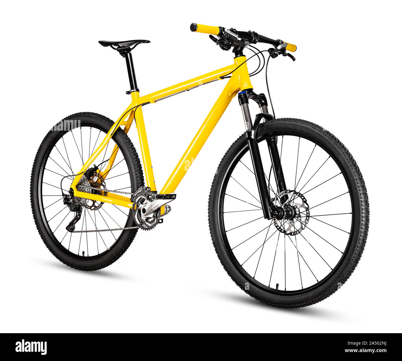 yellow black 29er mountainbike with thick offroad tyres. bicycle mtb cross country aluminum, cycling sport transport concept isolated on white backgro Stock Photo