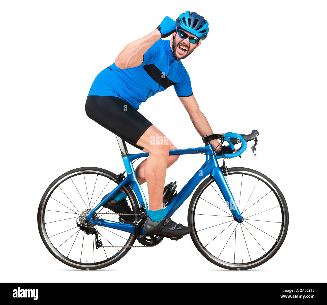 professional bicycle road racing cyclist racer in blue sports jersey on light carbon race cycle celebration celebrating win. sport exercise training c Stock Photo