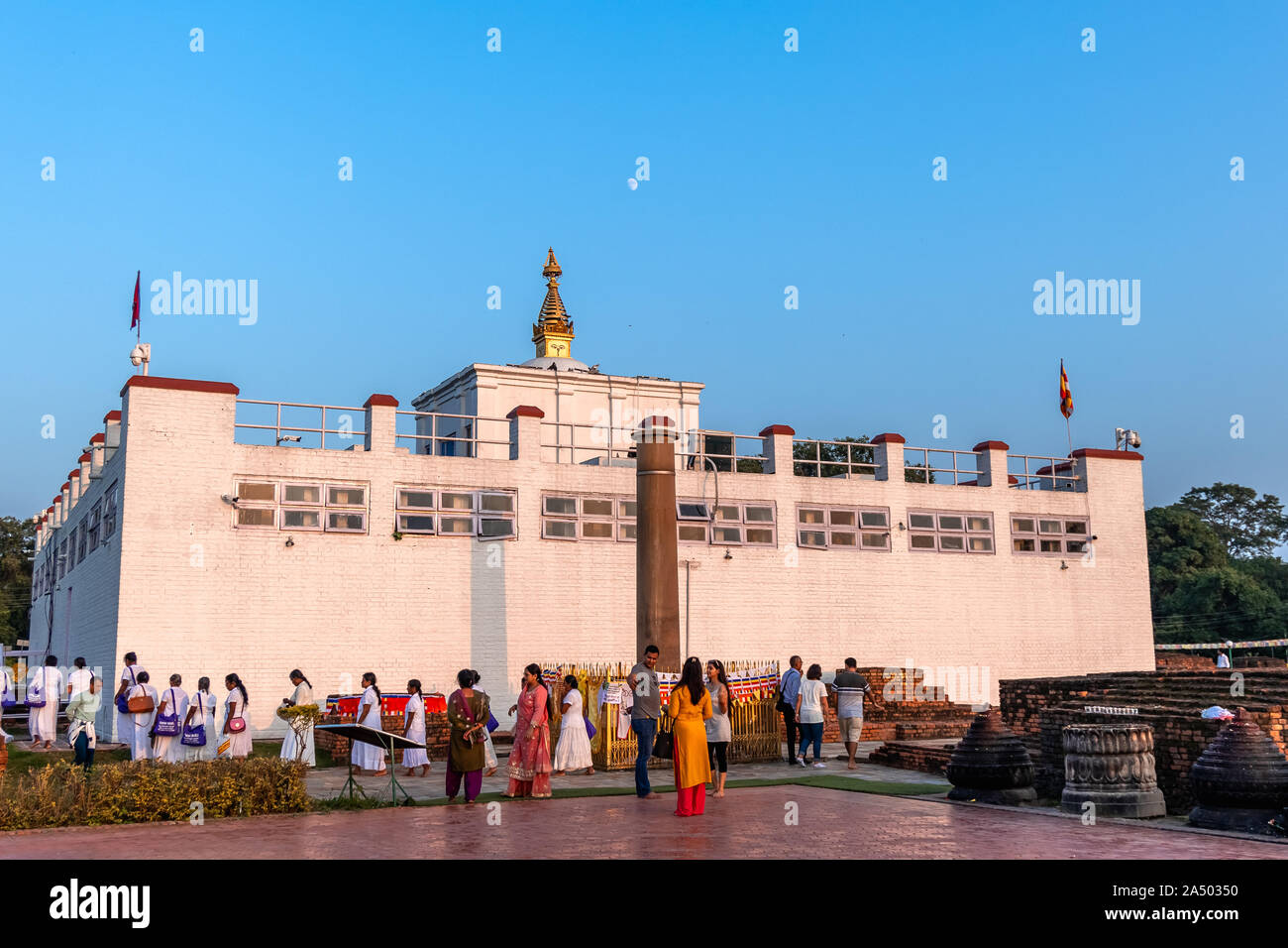 Holy Maya Devi Temple and Ashoka Pillar in Lumbini. Stock Photo