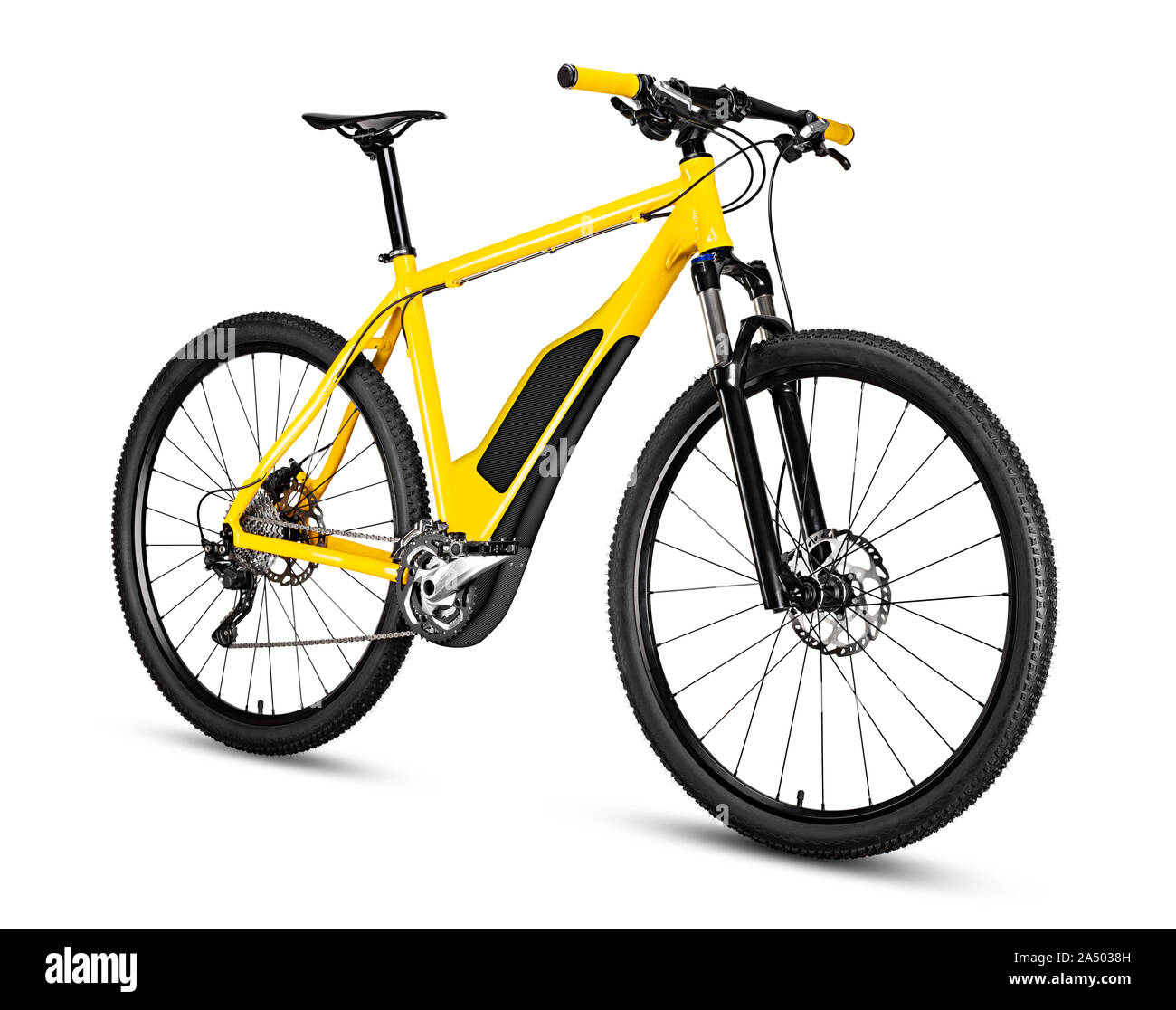 fantasy fictitious design of an yellow ebike pedelec with battery powered motor bicycle moutainbike. mountain bike ecology modern transport concept is Stock Photo