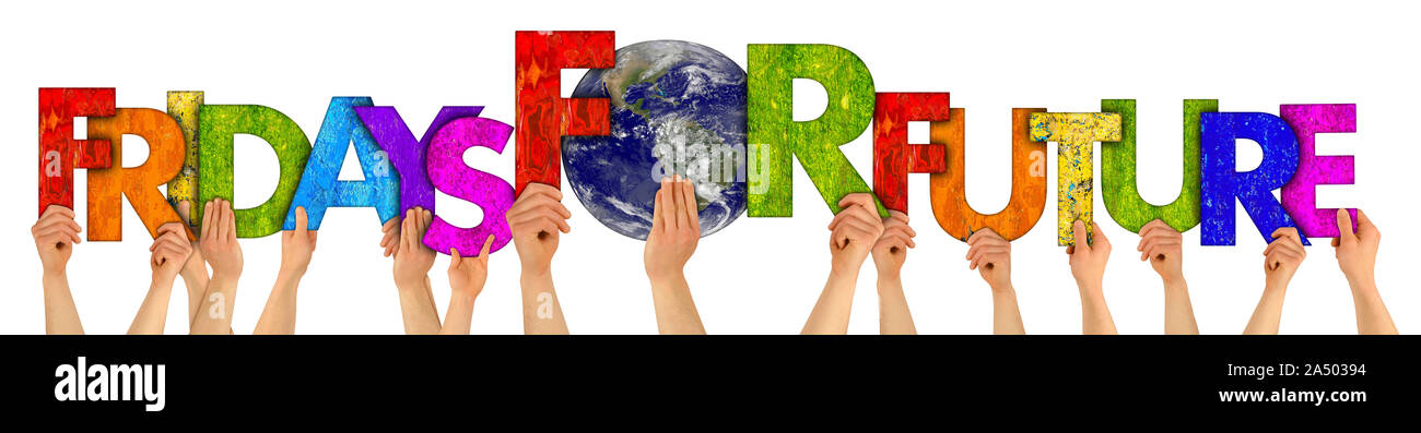 activist people holding up colorful wooden letter forming words fridays for future and earth globe isolated on white background. climate change global Stock Photo