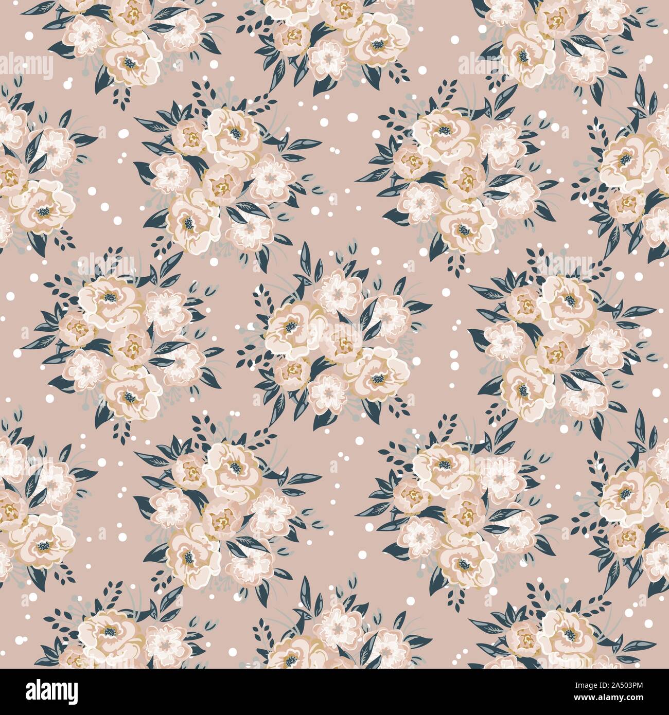 Seamless pattern texture with floral bouquet beige background. Stock Vector