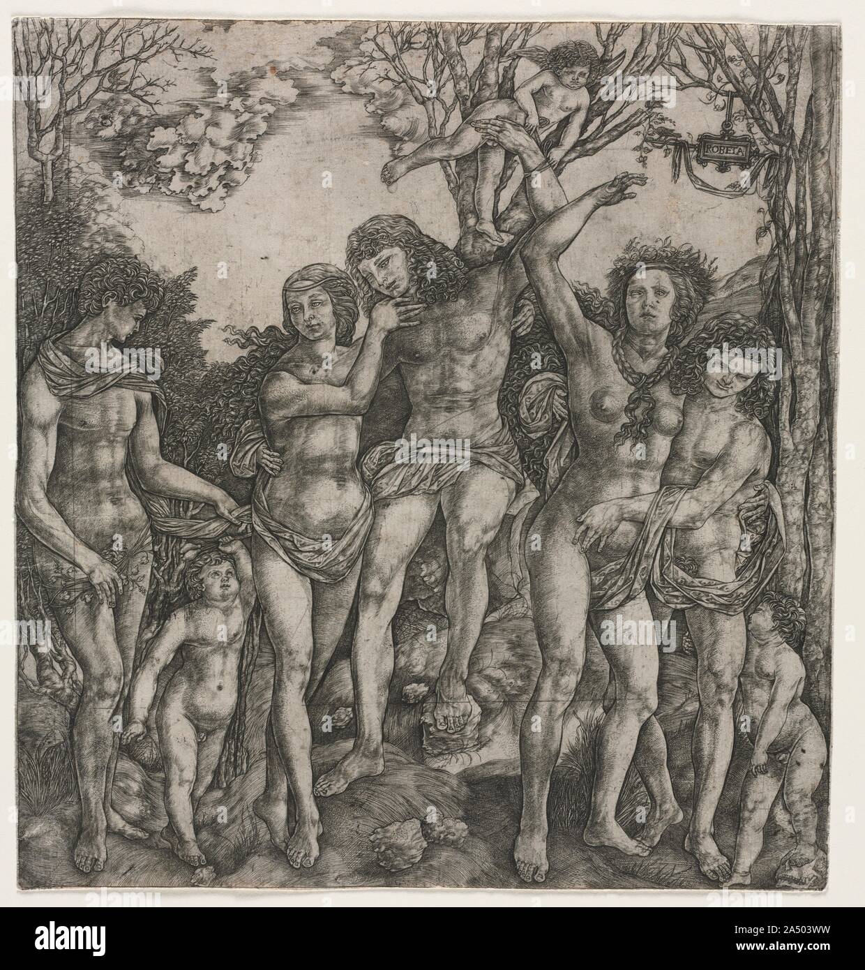 Allegory of Carnal Love, c. 1530. Trained as a goldsmith in Florence, Robetta also made engravings, primarily of biblical and mythological narratives. Perhaps an allegory involving themes of physical love, fertility, and mortality, the message of this frieze-like scene is not clear. Cupid, the only easily identified mythical figure, binds the central man&#x2019;s arm to a tree, suggesting he is love&#x2019;s captive. Long sashes of cloth entangle the groups of men and women, including the androgynous figure on the far left. The children suggest the fertility of life, although one boy steps on Stock Photo