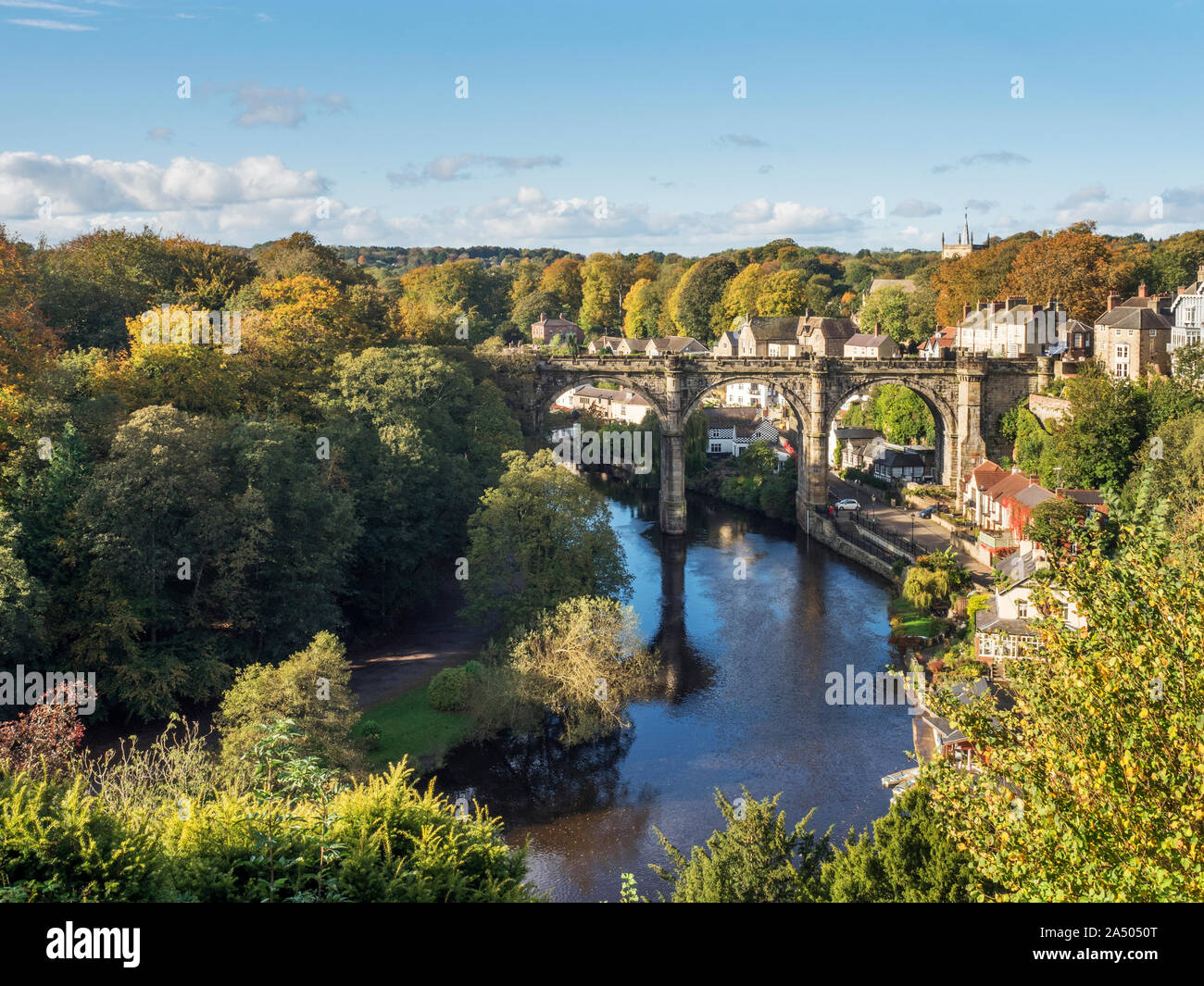 Viaduct over the River Nidd in autumn from the Castle Grounds at Knaresborough North Yorkshire England Stock Photo