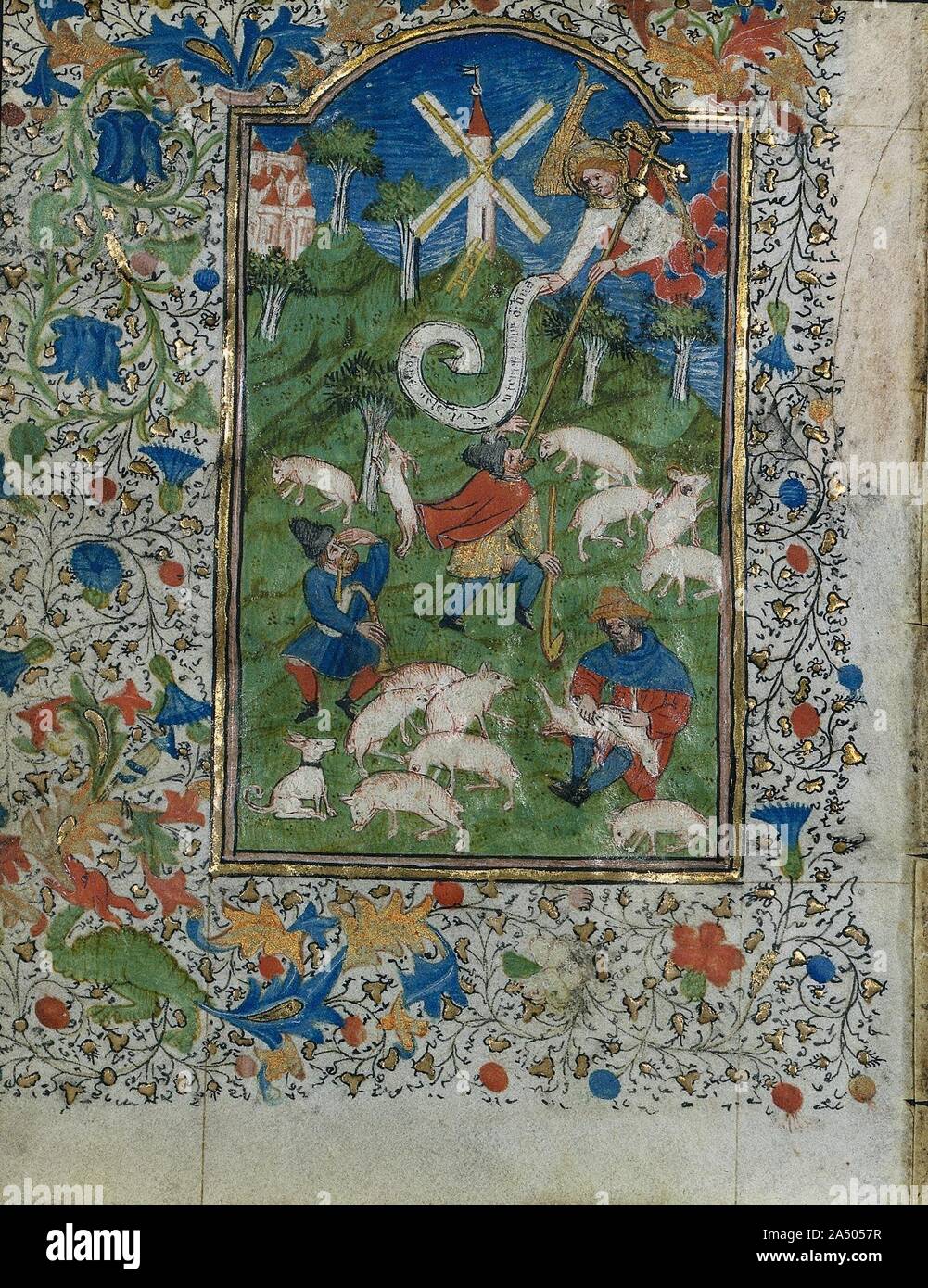 Annunciation to the Shepherds: Leaf from a Book of Hours (1 of 6 Excised Leaves), c. 1420-1430. This group of leaves survive from what must have been an extraordinarily rich book of hours. The elaborate Passion cycle and Suffrages point to an important patron. Internal evidence within the original calendar and texts indicates that Metz was the probable place of production. Stylistically, the illuminations appear to come from the workshop of Henri d&#x2019;Orquevaulx, a documented Metz manuscript painter. Little is known about d&#x2019;Orquevaulx&#x2019;s life or career. Compositionally, struct Stock Photo