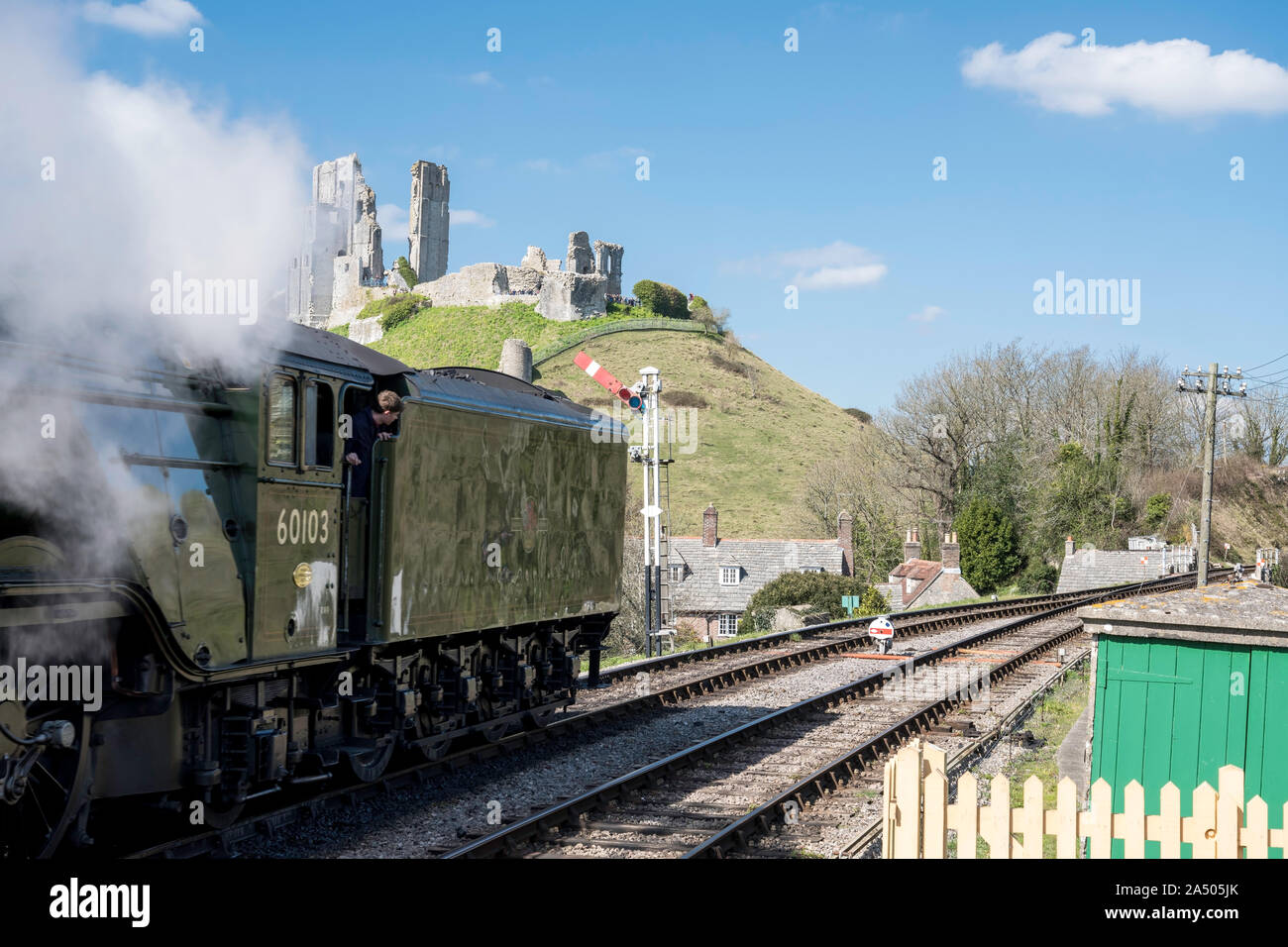 Flying Scotsman backward at the Corfe Castle, Dorset, UK Stock Photo