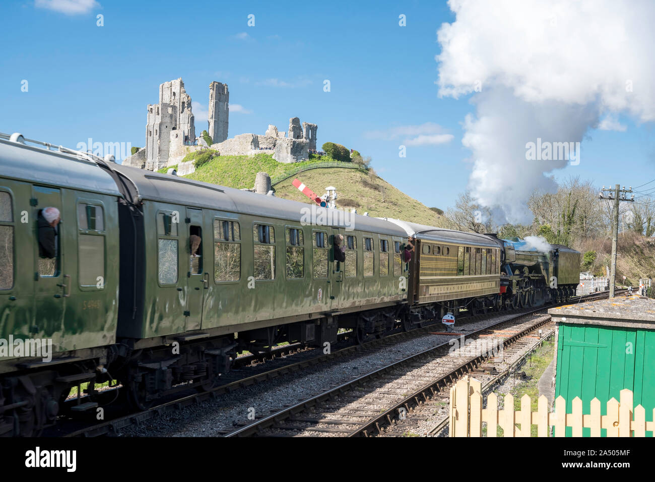Railway backward with coach at Corfe Castle, Dorset, UK Stock Photo