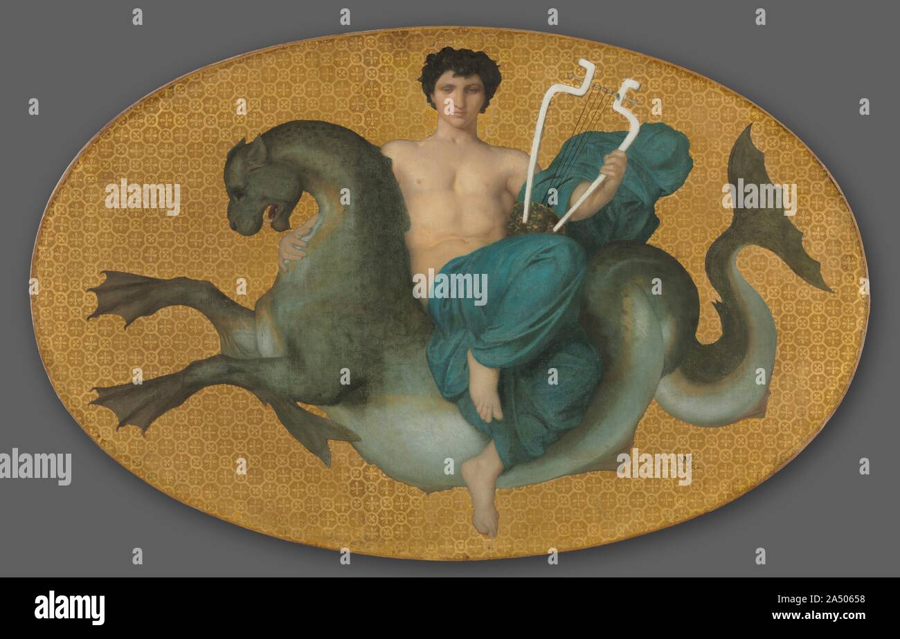 Arion on a Sea Horse, 1855. These paintings are from a series of eight works that Anatole Bartholoni commissioned the 29-year-old Bouguereau to create for his Paris home, decorated in the fashionable Pompeian-revival style. The paintings emulate ancient Roman designs. Crisp, cut-out forms are set against a gold background painted in imitation of mosaic. Arion was an ancient Greek poet who escaped death by riding away on the back of a sea creature who had been attracted by the poet's song. In the companion picture, a bacchante&#x2014;a female worshipper of the wine god Bacchus&#x2014;rides a pa Stock Photo