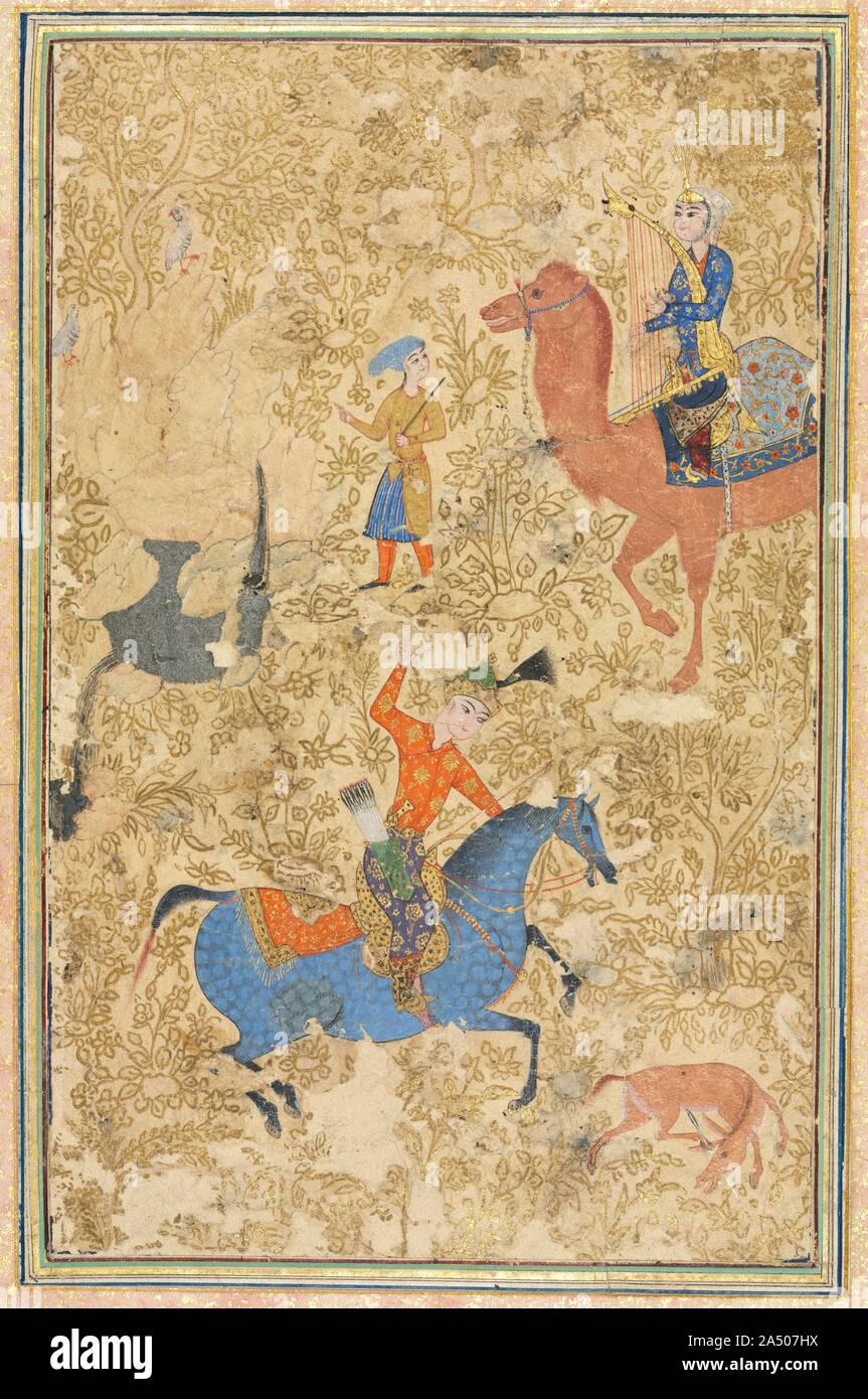 Bahram Gur and Azada, from a Shahnama (Book of Kings) of Firdausi (940-1019 or 1025), 1500s. This image from an unfinished painting depicts one of the most popular episodes from the life of the pre-Islamic Persian king Bahram Gur (reigned AD 420-38). A famed hunter, he was challenged by his concubine, Azada, to strike a donkey through its foot and ear with a single arrow. Azada is in the upper right playing the harp on a camel. Bahram Gur successfully meets her challenge at the bottom of the page; he tossed a rock into the donkey&#x2019;s ear, then fired when the animal tried to kick it loose. Stock Photo