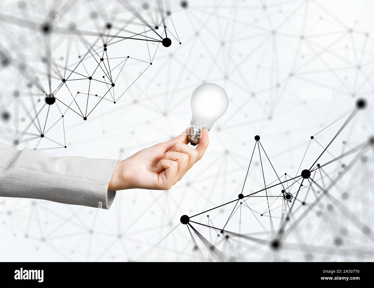 Woman hand with glowing lamp and abstract digital network connection on  white background. Science research and innovation company. Global network  tech Stock Photo - Alamy