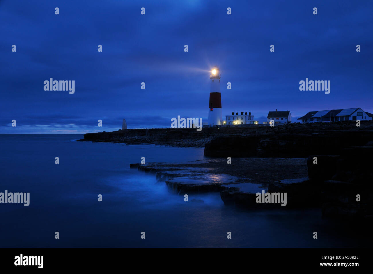 Portland Bill Lighthouse between dusk and night, Isle of Portland, near Weymouth, Jurassic Coast, UNESCO World Heritage Site, Dorset, England, UK Stock Photo