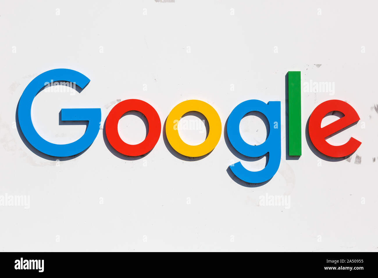 Mountain View, California – April 10, 2019: Google logo at the headquarters HQ in Mountain View, California. Stock Photo