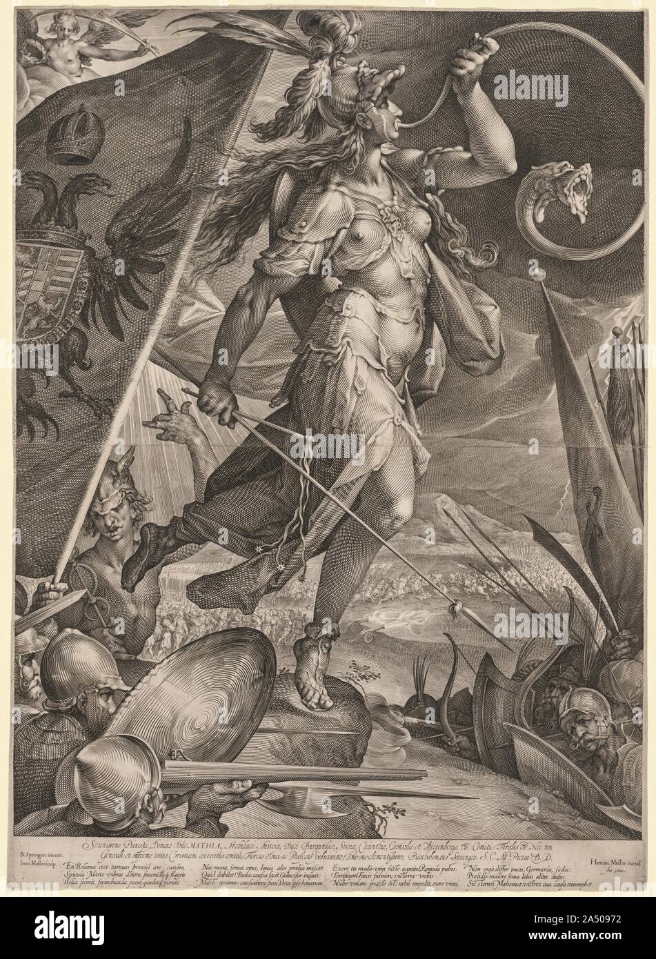 Bellona Leading the Armies of the Emperor against the Turks, 1600. The central, striding figure, Bellona (the Roman goddess of war), is said to be either the sister or the wife of Mars, god of war. The double-headed eagle of the Hapsburgs appears on the flag behind her. Born in Amsterdam, Jan Muller probably learned engraving from his father, Harman Muller, a printmaker and publisher. He traveled to Italy in the 1590s and presumably stopped in Prague along the way. There he made prints based on designs by artists employed at the Hapsburg court, including Bartholomeaus Spranger (1546-1611). Stock Photo