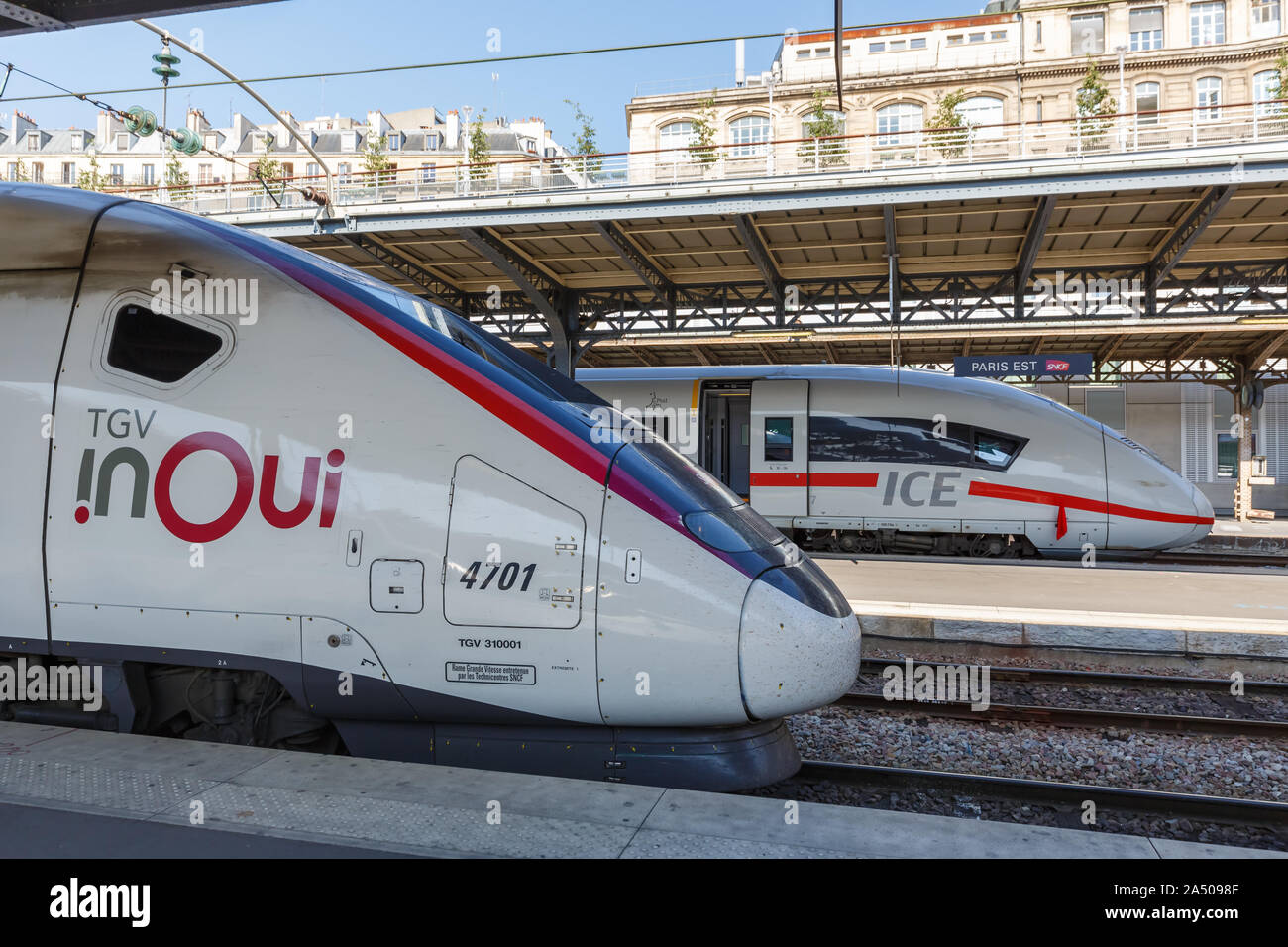 Paris, France – July 23, 2019: French TGV and German ICE high-speed train at Paris Est railway station in France. Stock Photo