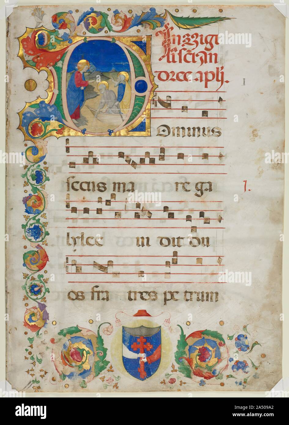 Bifolium Excised from an Antiphonary: Initial D[ominus Iesus] with the Calling of Peter and Andrew, c. 1425-1450. The event portrayed within this historiated initial comes from the Gospel of Saint Mark (1:16-18). It recounts the story of Jesus walking on the shore of the Sea of Galilee when he saw Simon [Peter] and his brother Andrew casting nets from their boat. Jesus called upon the brothers to become his followers. Departing from tradition, the illuminator has portrayed Christ beardless, perhaps to suggest the end of his private life. The rubrics (red explanatory notes) above and to the rig Stock Photo