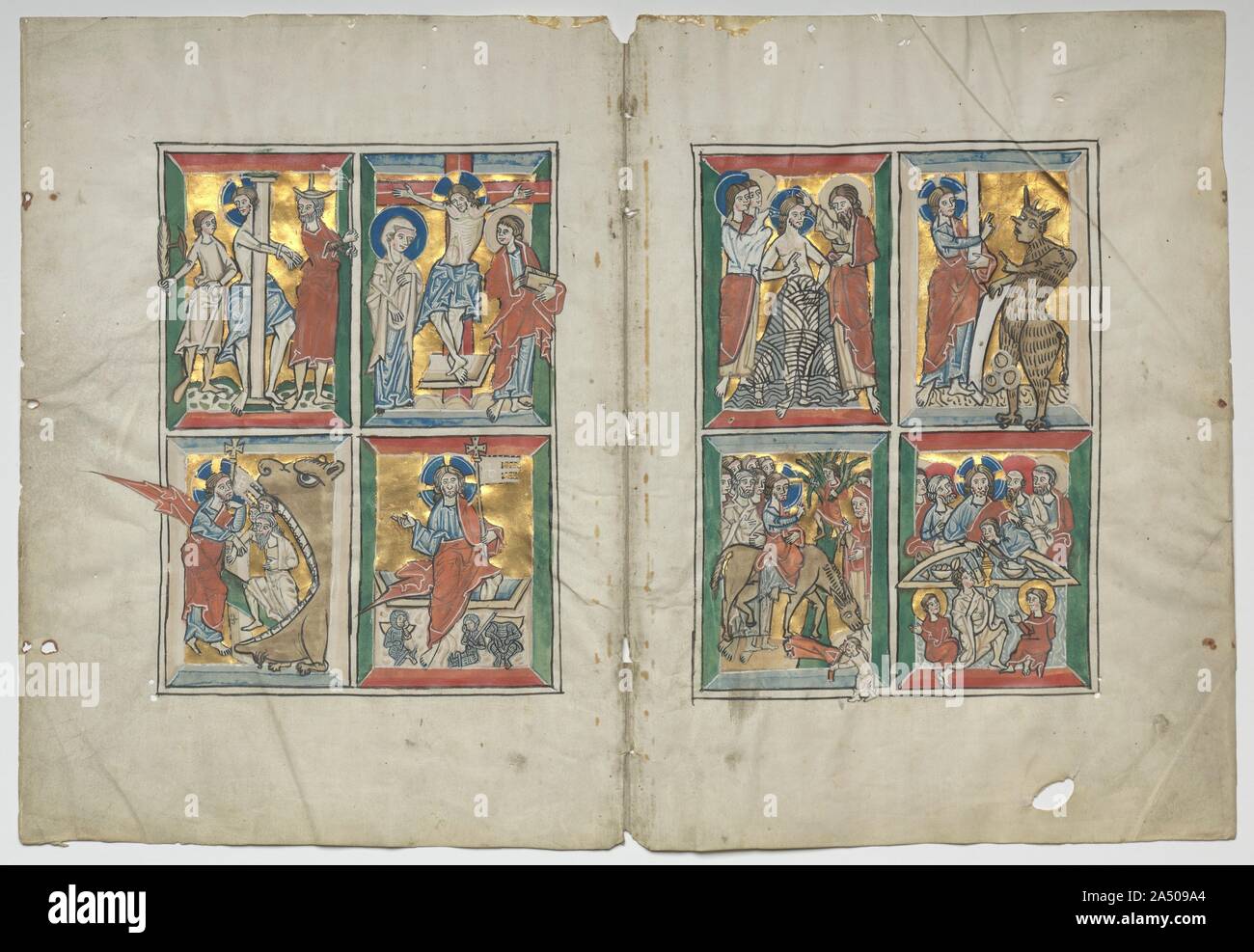 Bifolio with Scenes from the Life of Christ, 1230-1240. A sheet of vellum (animal skin) folded down the center to create two leaves, or folios, is called a bifolium (plural: bifolia). This pair of bifolia originally were to have been inserted one inside the other, forming part of a large psalter, or book of the psalms. The small paintings, called miniatures, decorating each leaf are subdivided into four small panels and illustrate the life of Christ. This particular format, along with the style of decoration, tells us that the psalter was made in North Germany, in the Diocese of Hildesheim. In Stock Photo