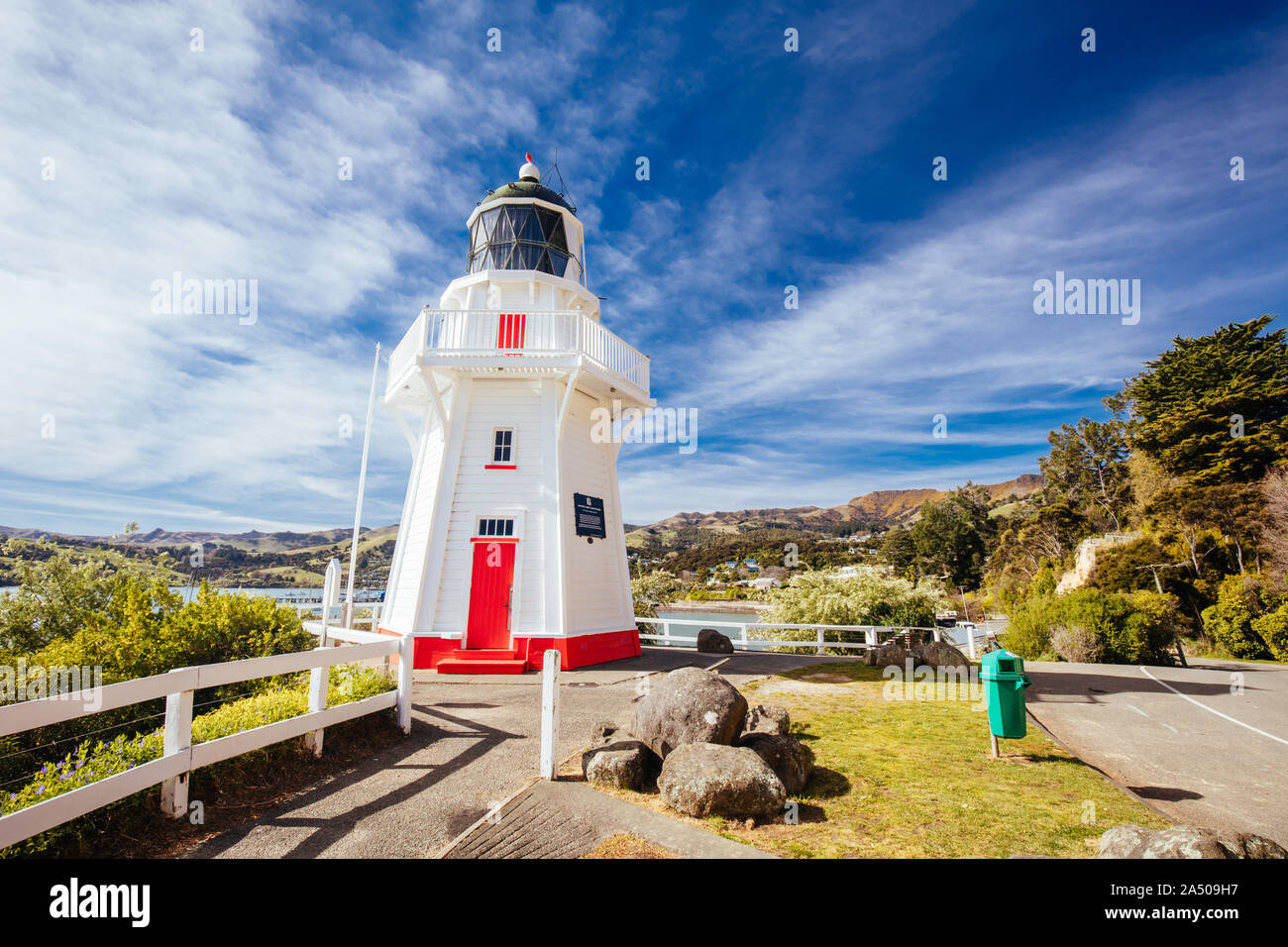 The preserved iconic Akaroa Lighthouse in the settlement of Akaroa on ...