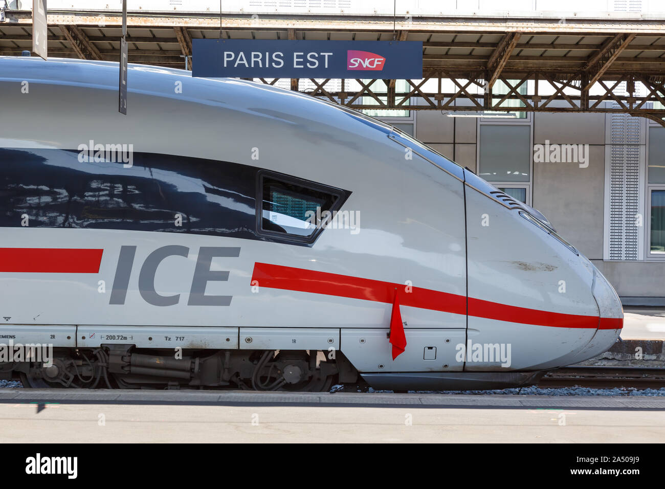 Paris, France July 23, 2019 German ICE highspeed train at Paris Est