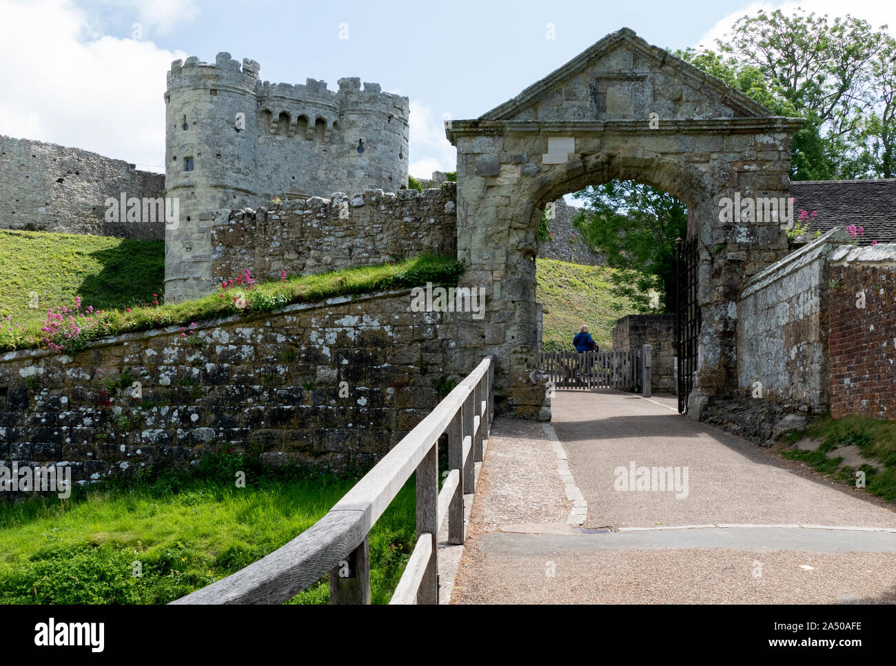 The arched gateway entrance to the entry tower of Carisbrooke Castle on the Isle of Wight, UK Stock Photo