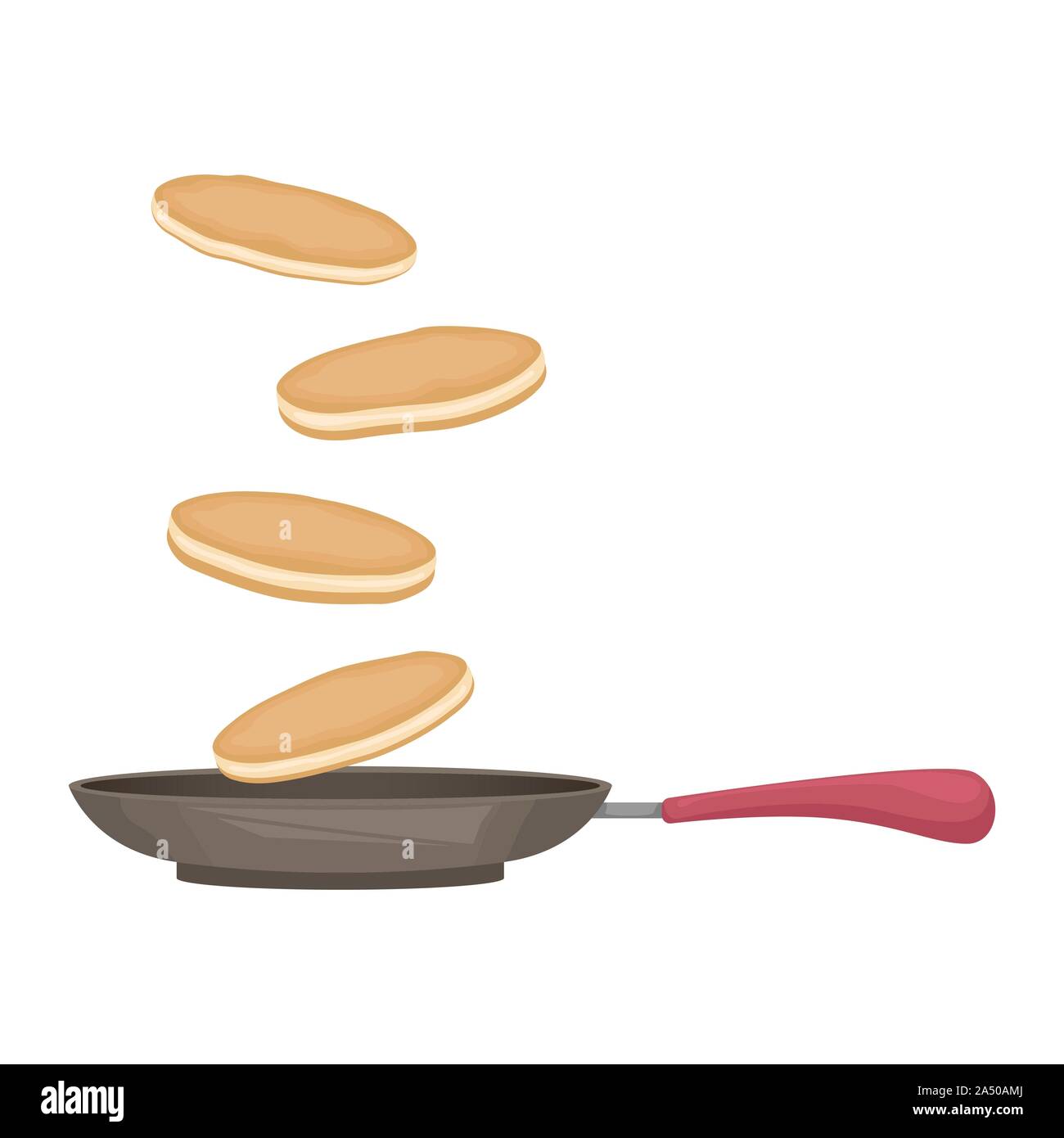 Tossed pancake in the pan. Flat vector illustration. Stock Vector