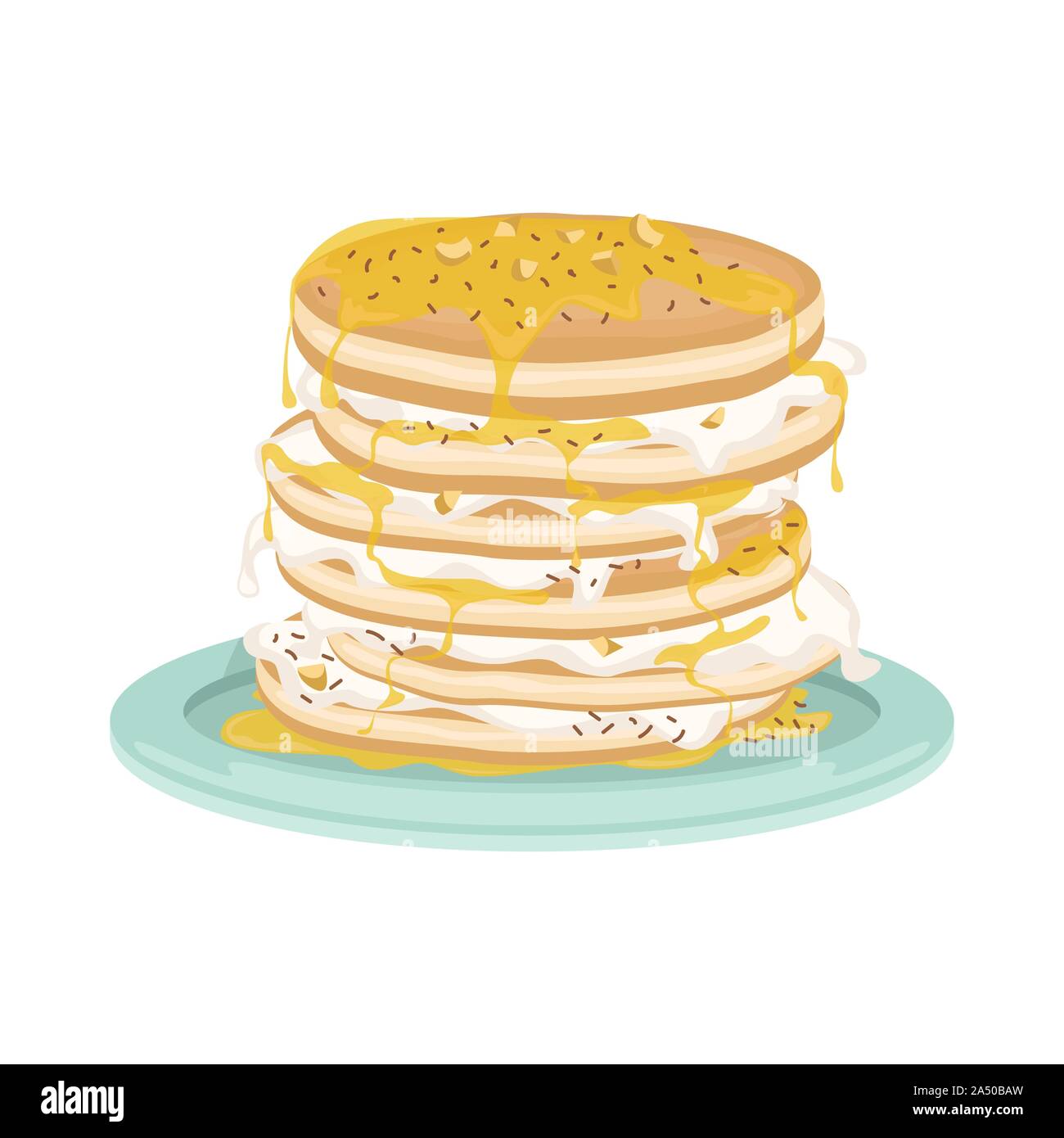 A stack of fried pancakes with whipped cream and maple syrup. Delicious