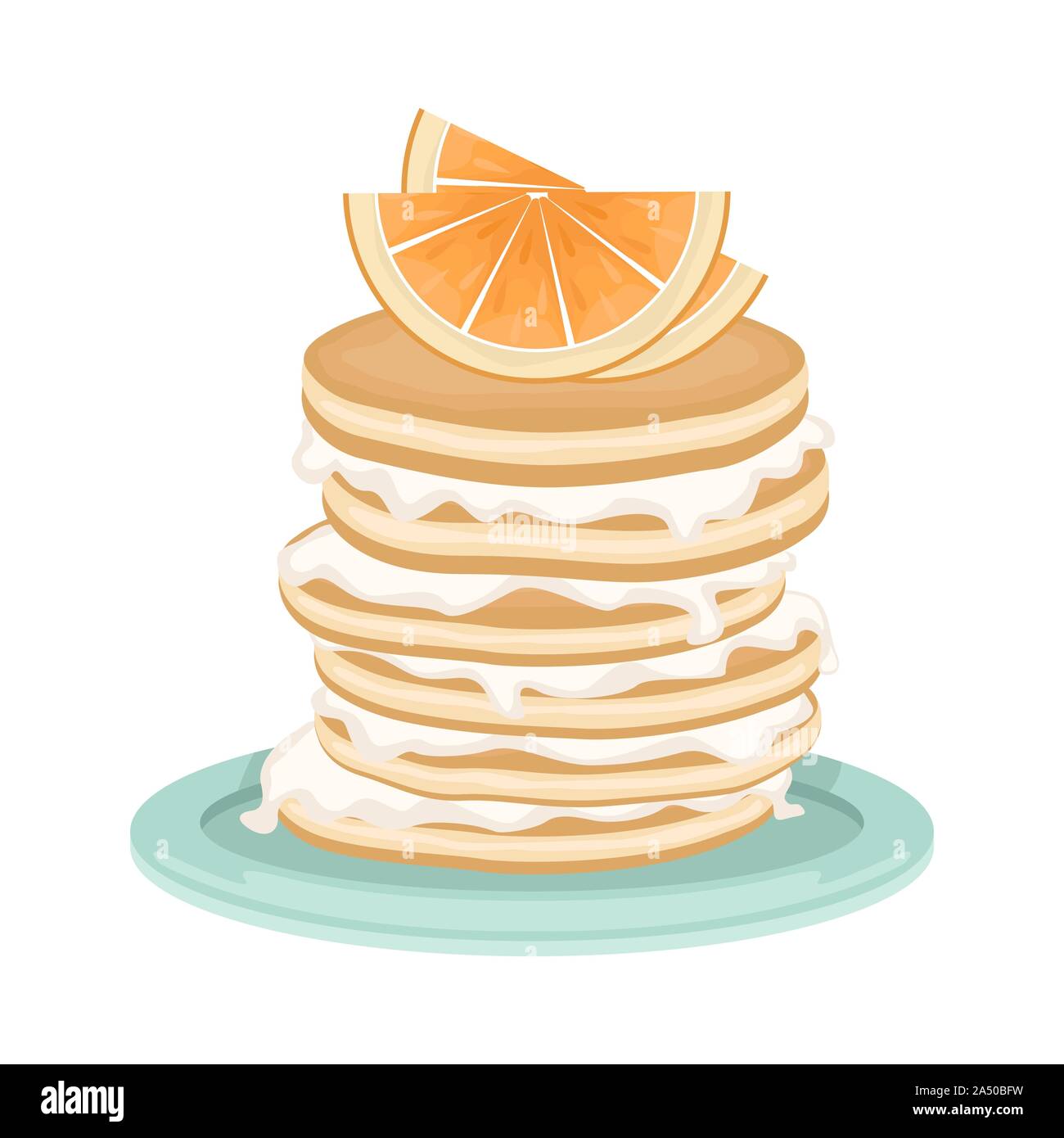A stack of fried pancakes with whipped cream and orange slices