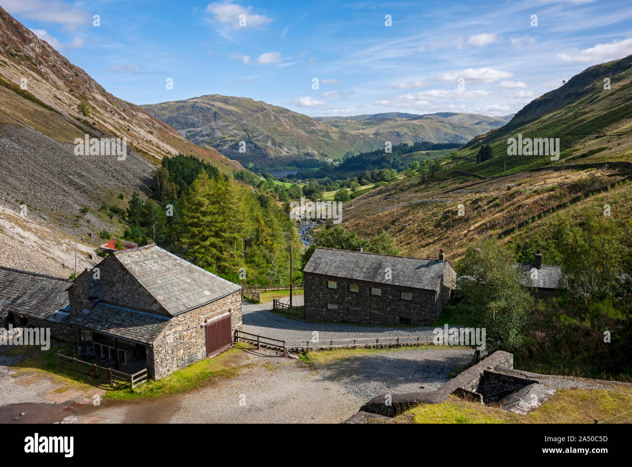 Greenside mine houses hostel at disused lead mine in summer Glenridding Lake District National Park Cumbria England UK United Kingdom GB Great Britain Stock Photo
