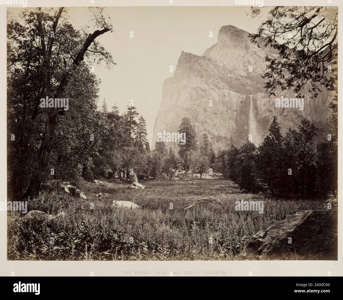 Bridal Veil, Yosemite, c. 1865-1866. In the 1850s, Carleton Watkins took up landscape as a field photographer, providing clients with views they could use to settle property disputes. He made his first trip to Yosemite in 1861 and returned many times, frequently as a member of geological surveys. This image is a remarkable example of Watkin's mammoth plate work (roughly 18 x 21 inches) in Yosemite and is among the greatest achievements in American photography. His landmark Yosemite photographs were distinguished by their early manifestation of a deliberately artistic point of view and for thei Stock Photo