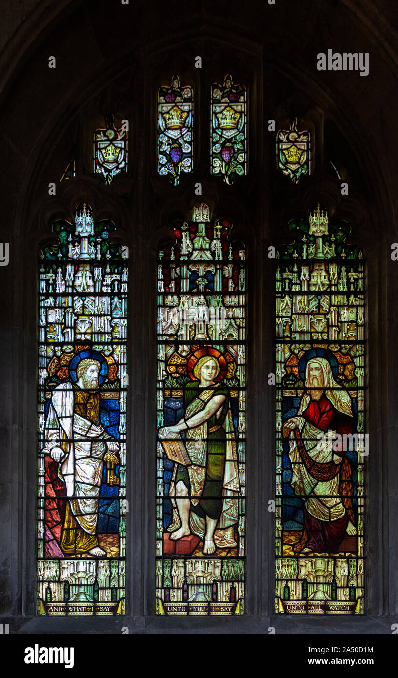 Stained glass window of saints, Seend church, Wiltshire, England, UK