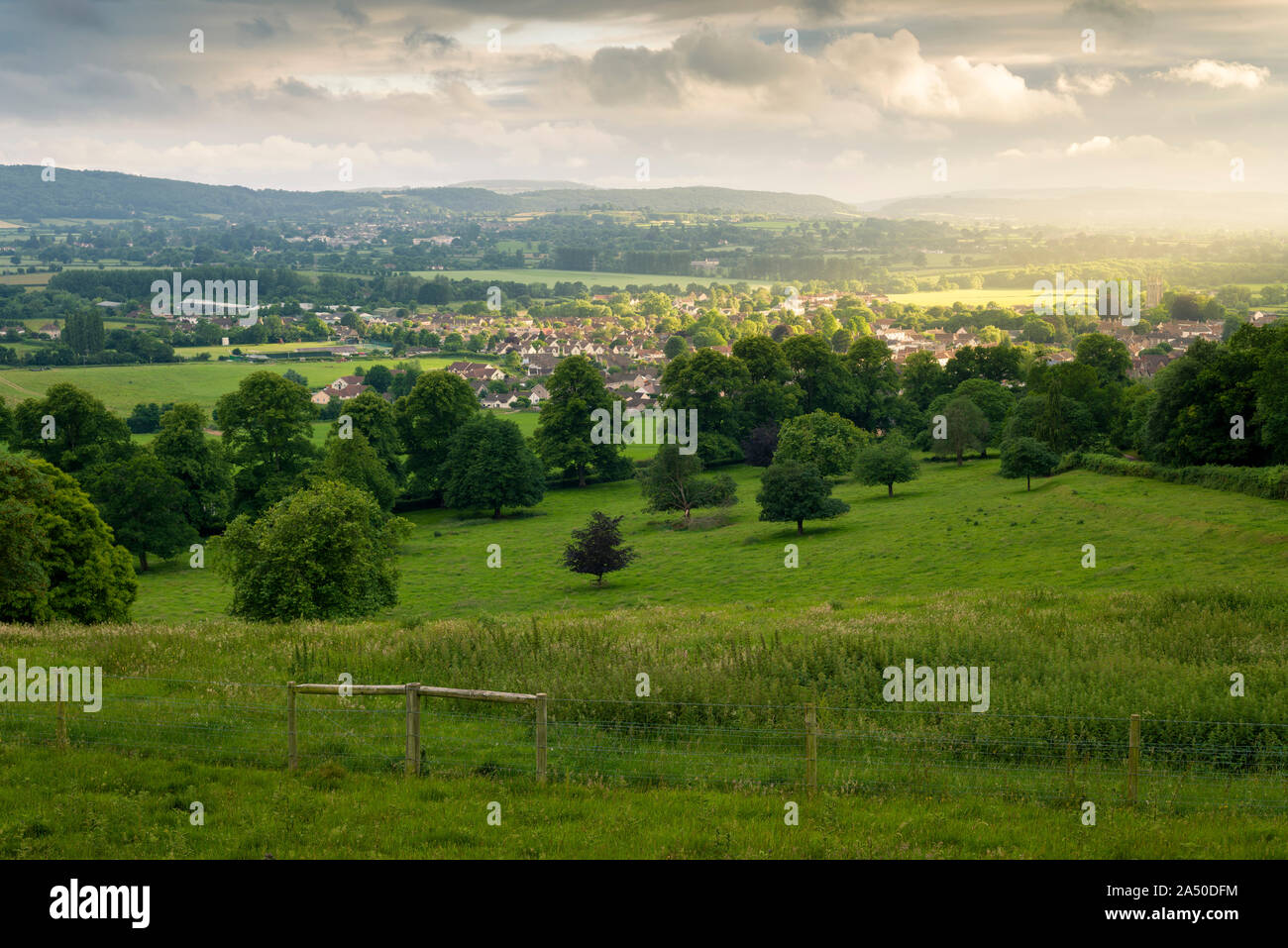 The North Somerset village of Wrington from Old Hill in mid summer, with the Mendip Hills beyond. Stock Photo