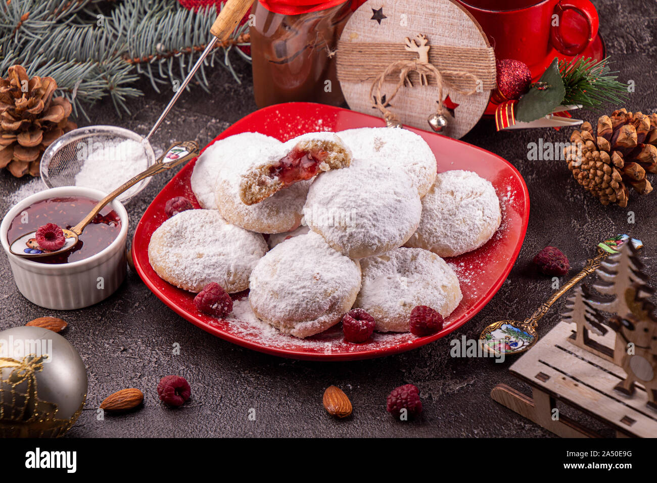 Traditional Christmas Cookies Biscuits Snowballs Covered Icing Sugar Povder With Almond Nut Nutella Chocolate An Raspberry Jam Christmas New Year Or Stock Photo Alamy