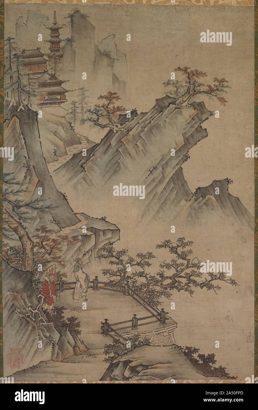 Chinese Literatus Viewing a Valley, possibly mid- to late 1500s-1600s. This painting depicts a well-recognized scene in East Asian painting most often associated with the Chinese Southern Song dynasty painter Ma Yuan: a figure, most likely a retired government official, contemplating a high mountain valley from a scenic overlook. The lower left corner of the painting has a tripod-shaped seal resembling that of Kano Hideyori. The work appears to have either been made or repurposed to hang as a pair with a painting by Hideyori. Stock Photo