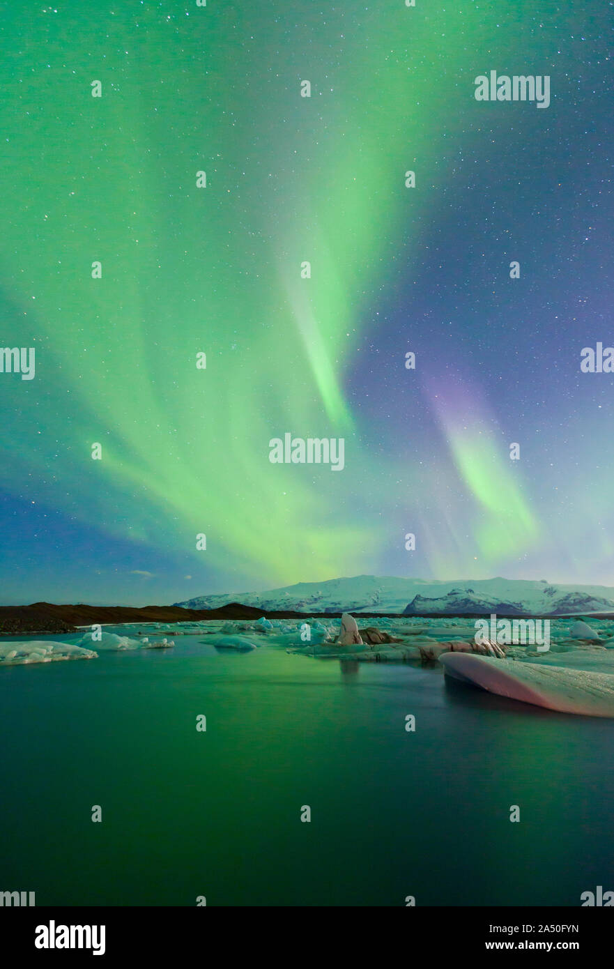 Northern lights, Jokulsarlon glacier lagoon, Southern Iceland, Iceland