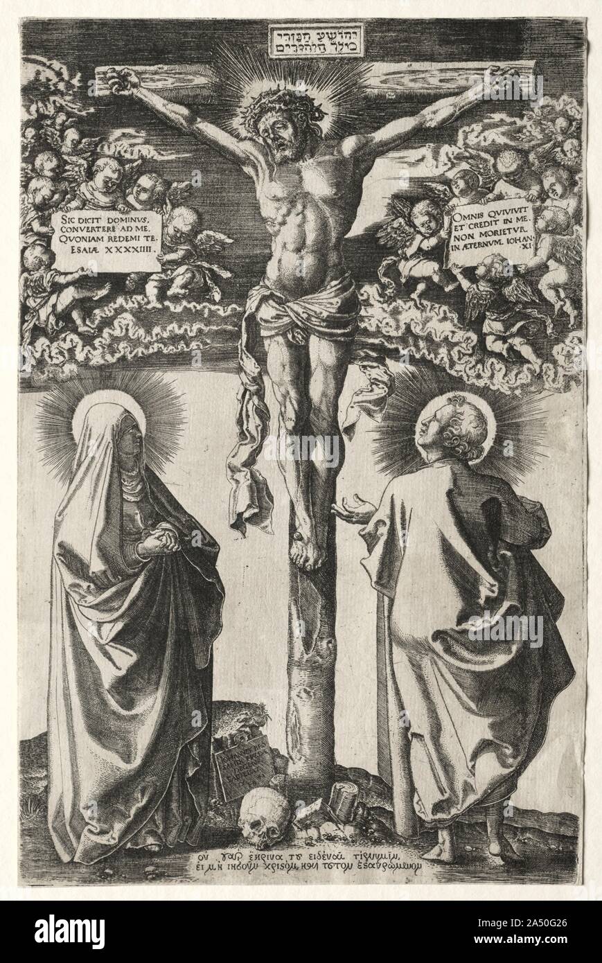 Christ on the cross between the virgin and St. John, 1542 Stock Photo ...