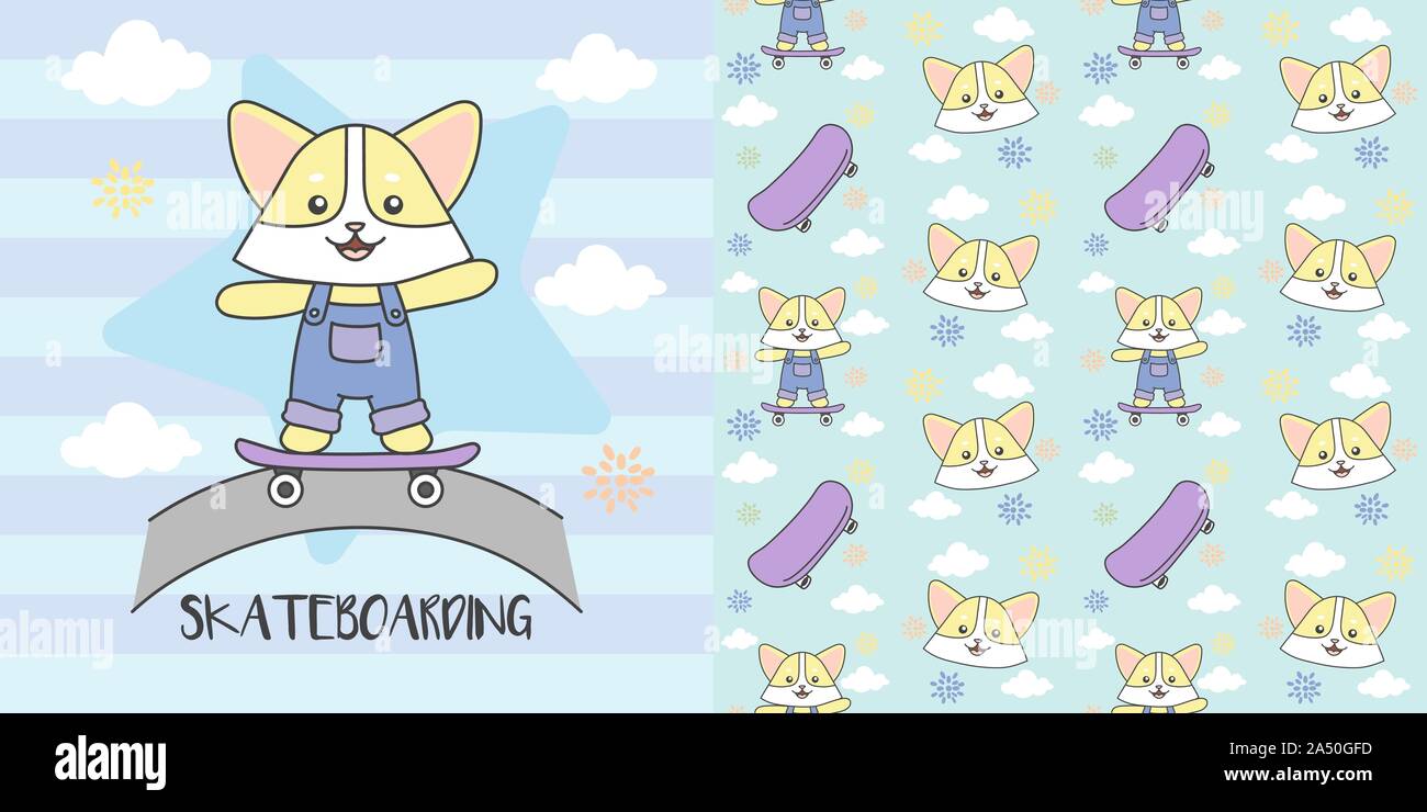 Cat playing Skate board with seamless pattern vector illustration. Stock Vector